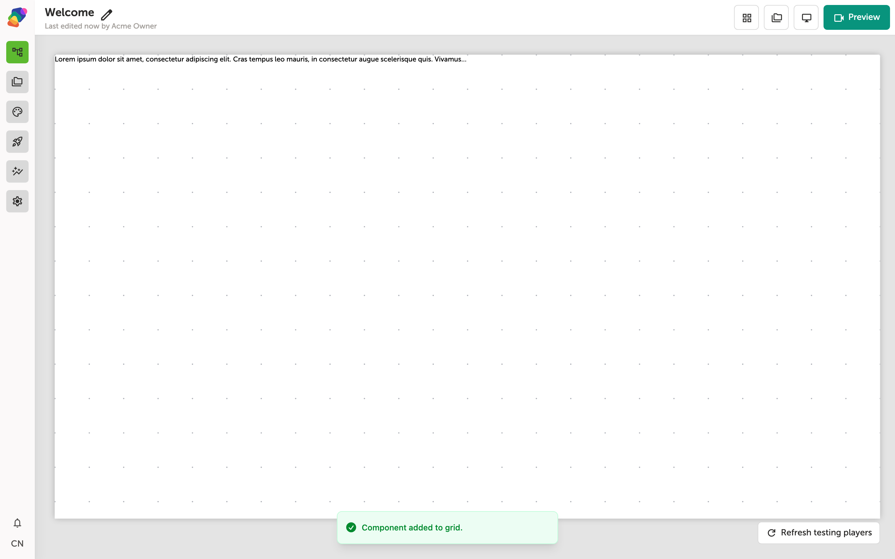 The Zibit View Editor showing a Text component placed on the grid canvas with a 'Welcome' heading displayed inside it, alongside canvas toolbar options and a sidebar panel.
