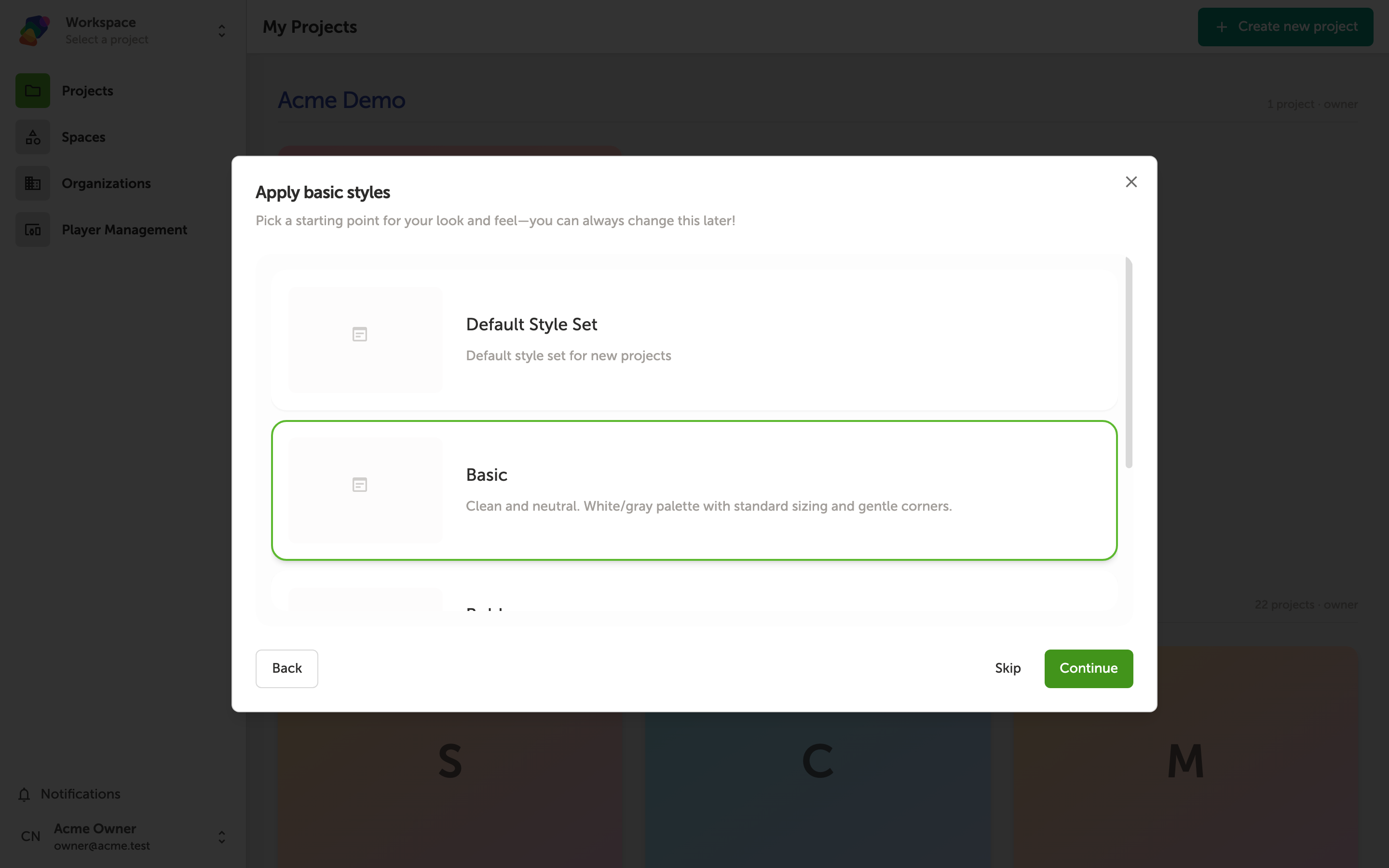 The 'Apply basic styles' dialog open over the My Projects dashboard, showing a grid of style template options represented by letter 'A' buttons in different typographic styles, with one option highlighted by a green border