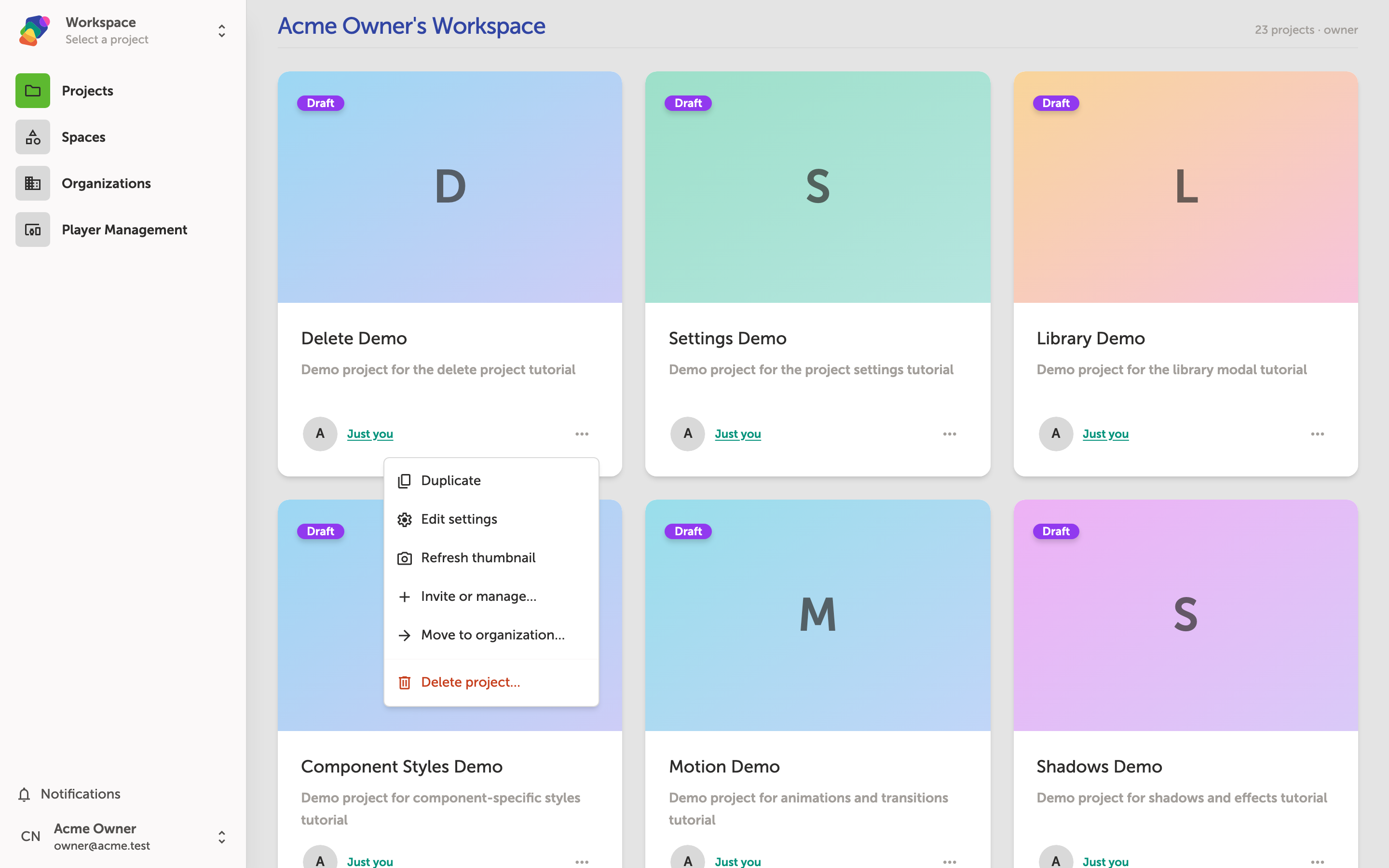 The My Projects dashboard showing a grid of project cards, each with a three-dot overflow menu button for project actions including the delete option