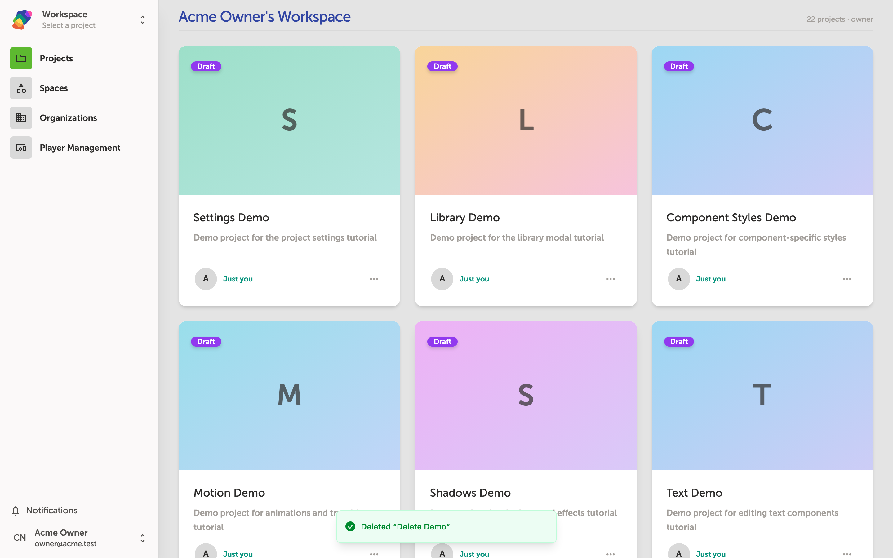 The My Projects dashboard showing a list of projects, with the previously deleted project no longer visible among the remaining entries.