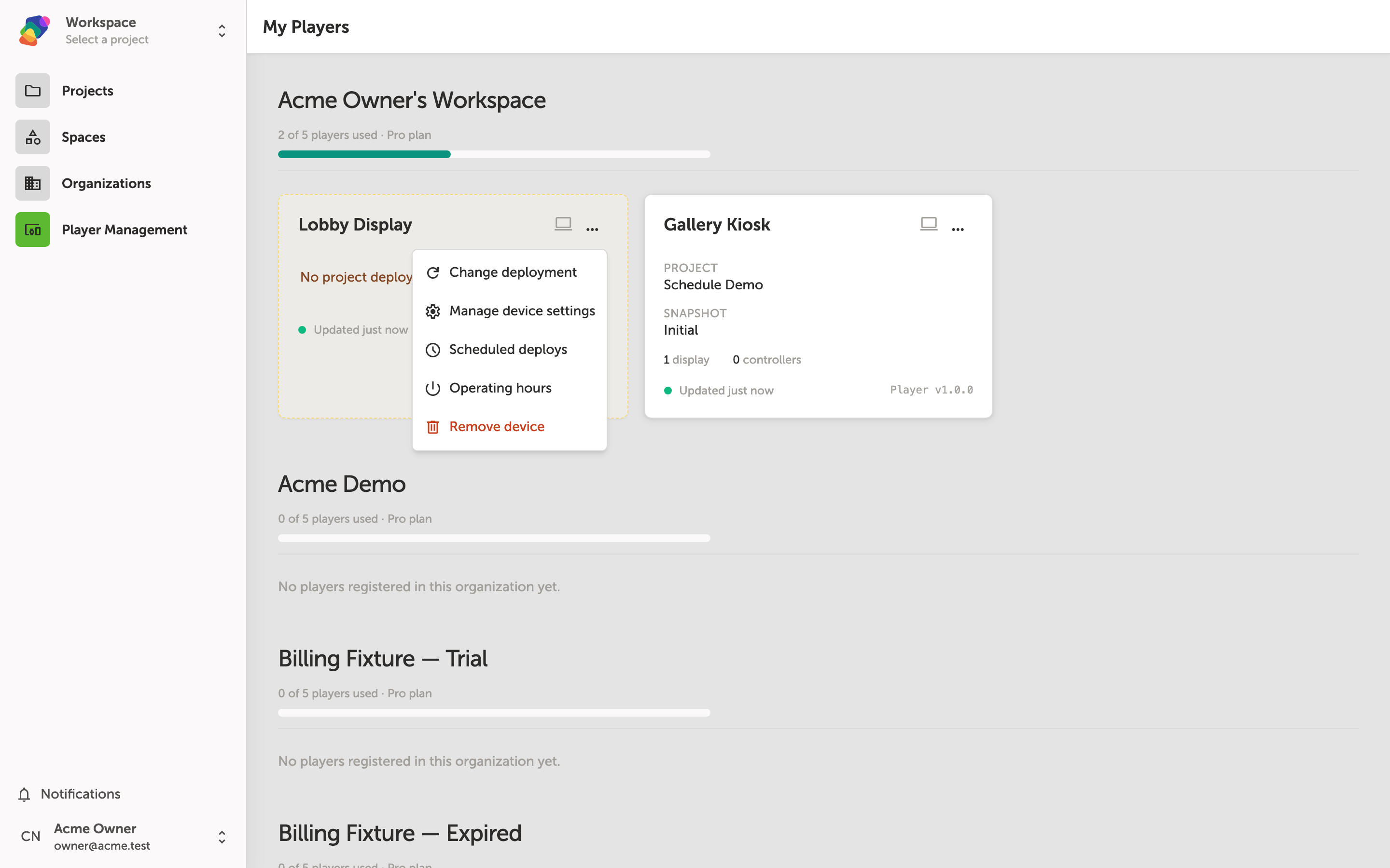 The My Players page showing a list of registered devices including Lobby Display, with the actions menu open revealing options to change deployment, manage settings, manage schedule, and remove device.