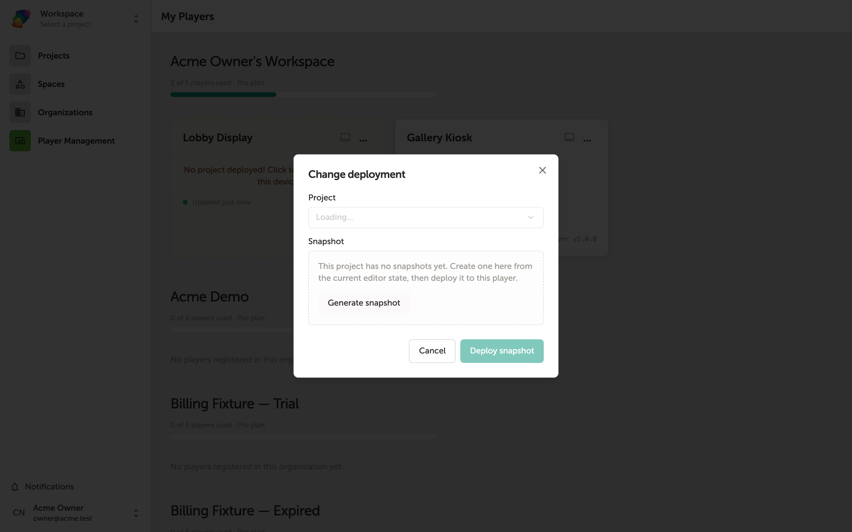 The Change Deployment dialog box, showing a Project dropdown, a Snapshot dropdown, a Generate snapshot button, a Schedule deployment for the future checkbox, and Cancel and Deploy snapshot action buttons.