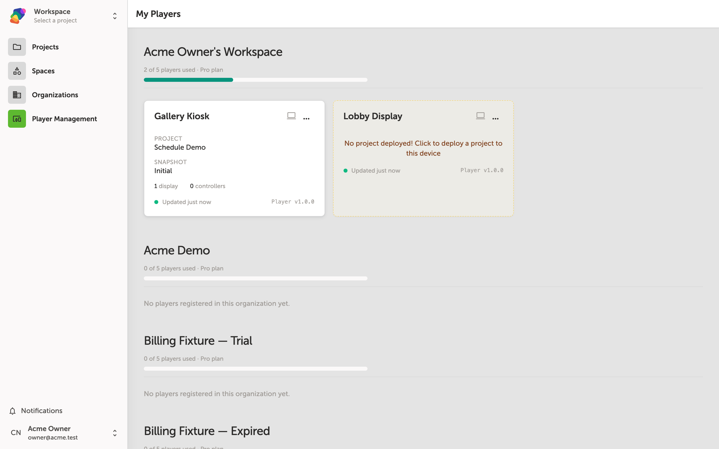 The My Players page in Zibit, showing a Download the Zibit Player section with buttons for macOS, macOS Apple Silicon, Linux, and Windows, and an empty players list with the message No players, yet
