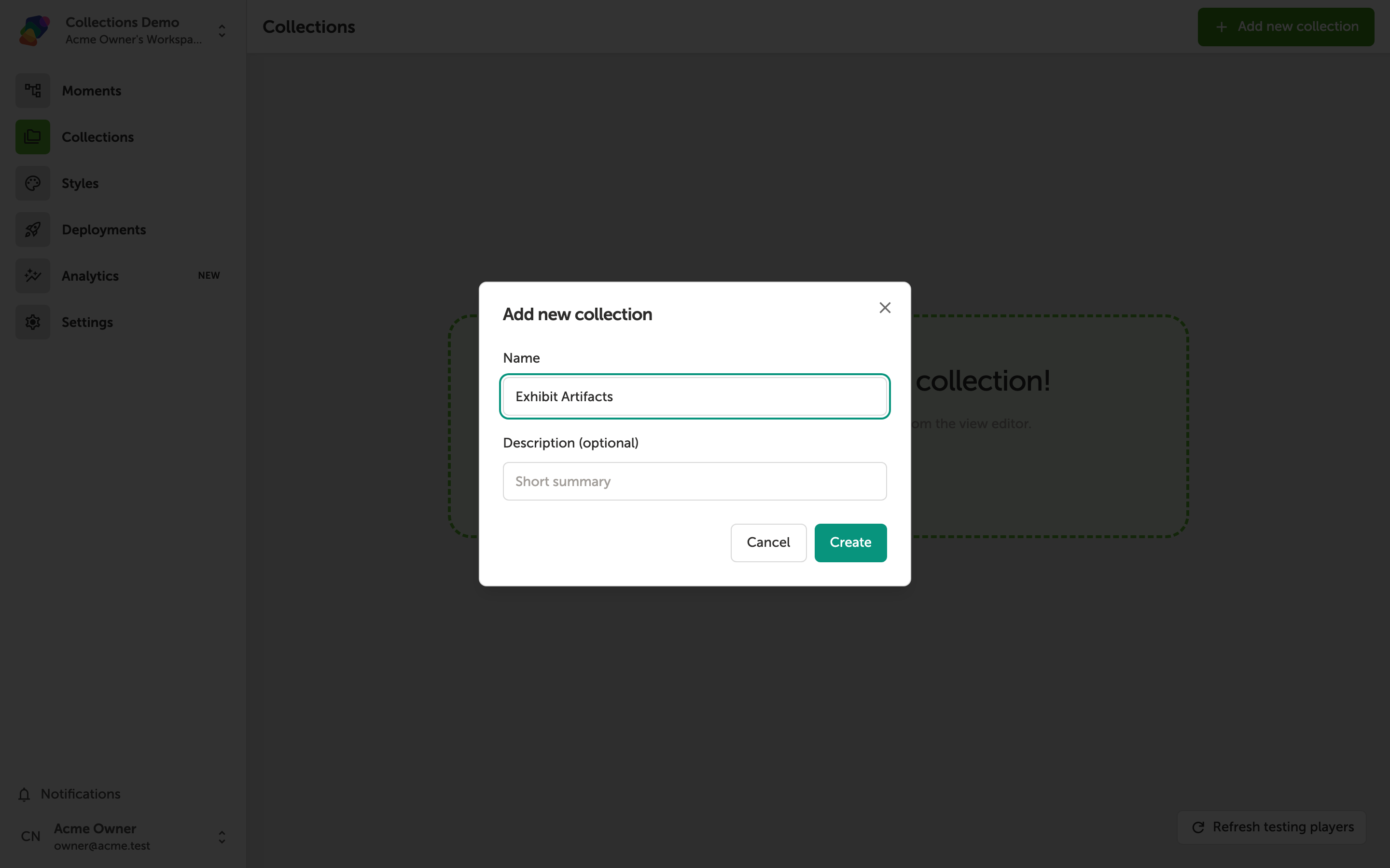 The Add new collection dialog box is open on the Collections page, showing a Name field and an optional Description field, with Cancel and Create buttons.