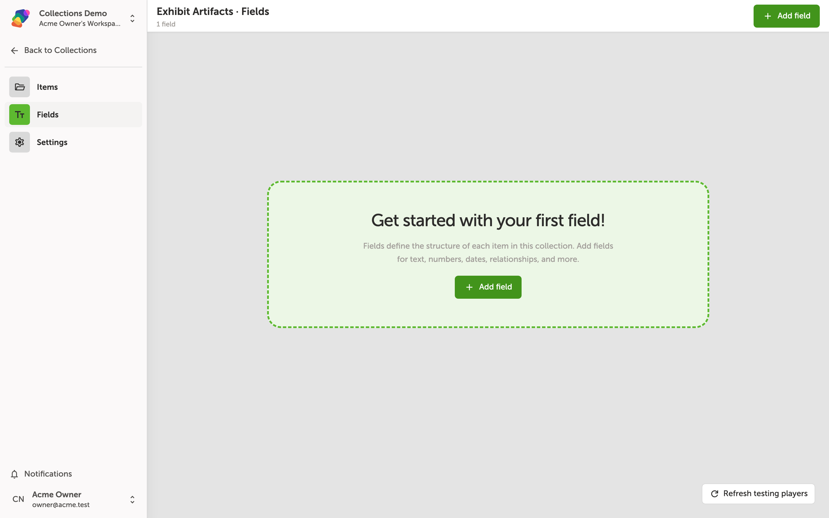 The Collection Fields tab showing a required Title field and an Add field button for creating custom fields in the collection schema
