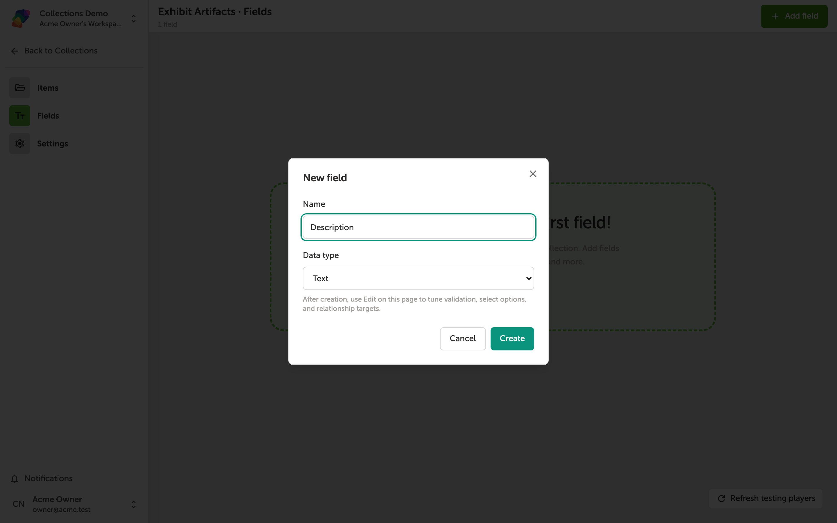 A dialog box titled 'New field' with a Name text input and a Data type selector, plus Cancel and Create buttons