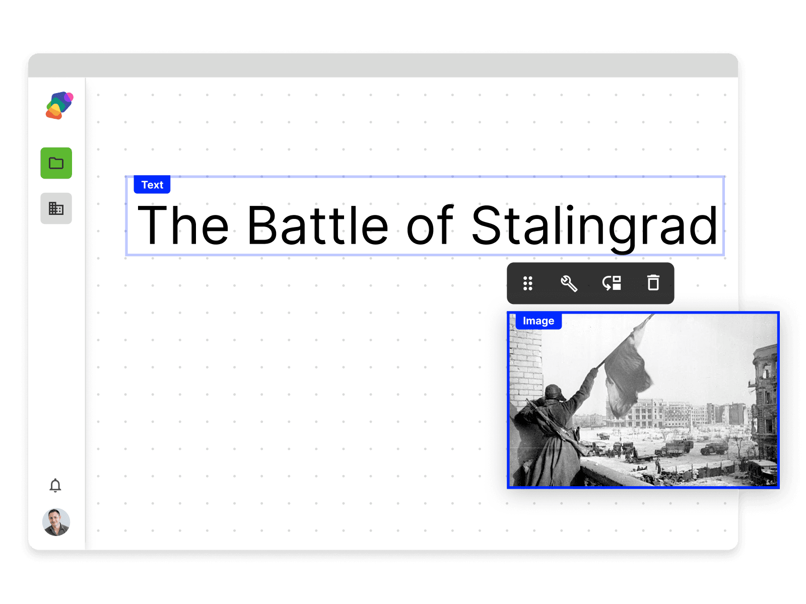 Editor interface showing drag-and-drop building blocks