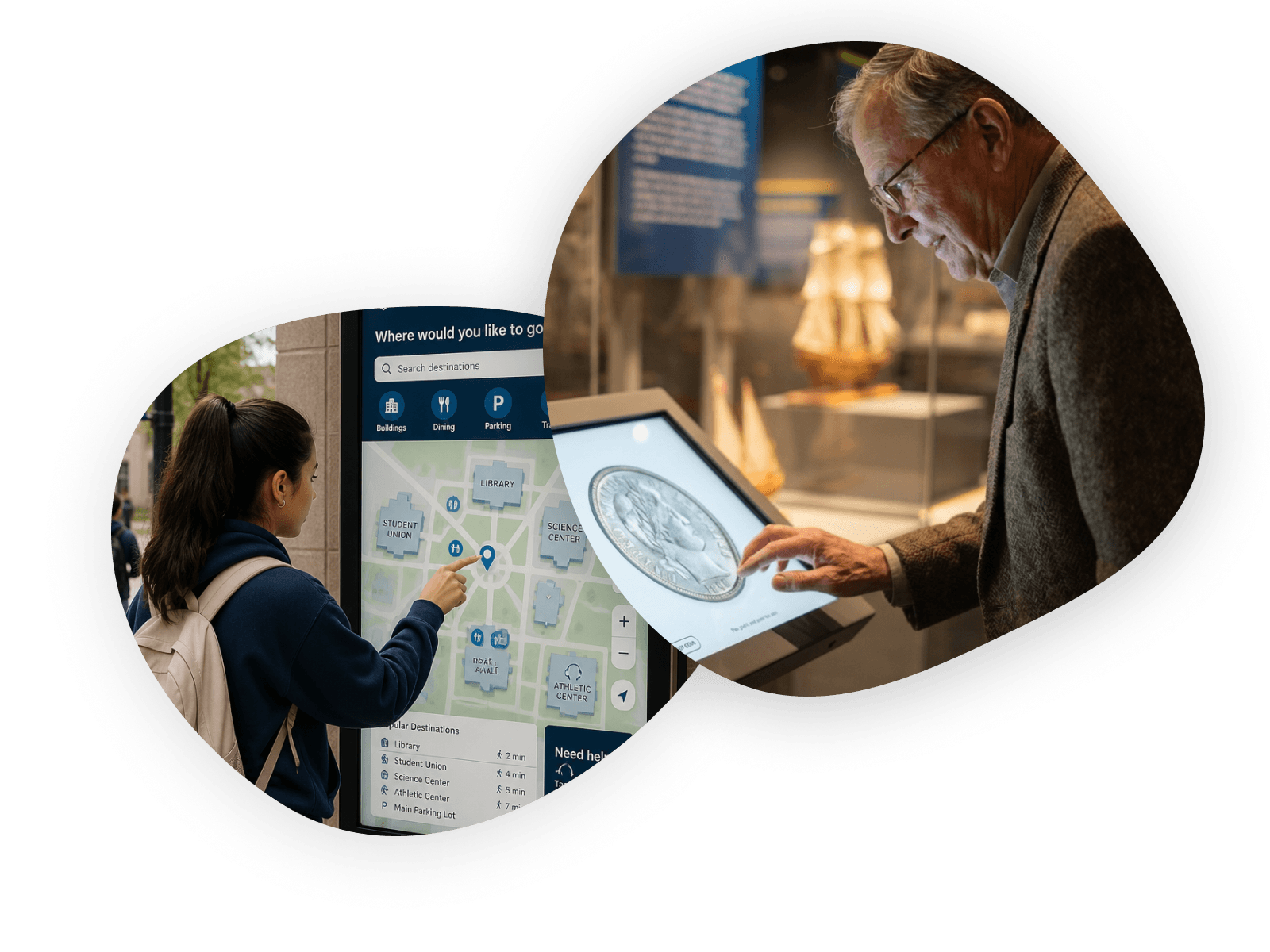 A visitor using a campus wayfinding kiosk beside a man exploring a coin on a museum touchscreen