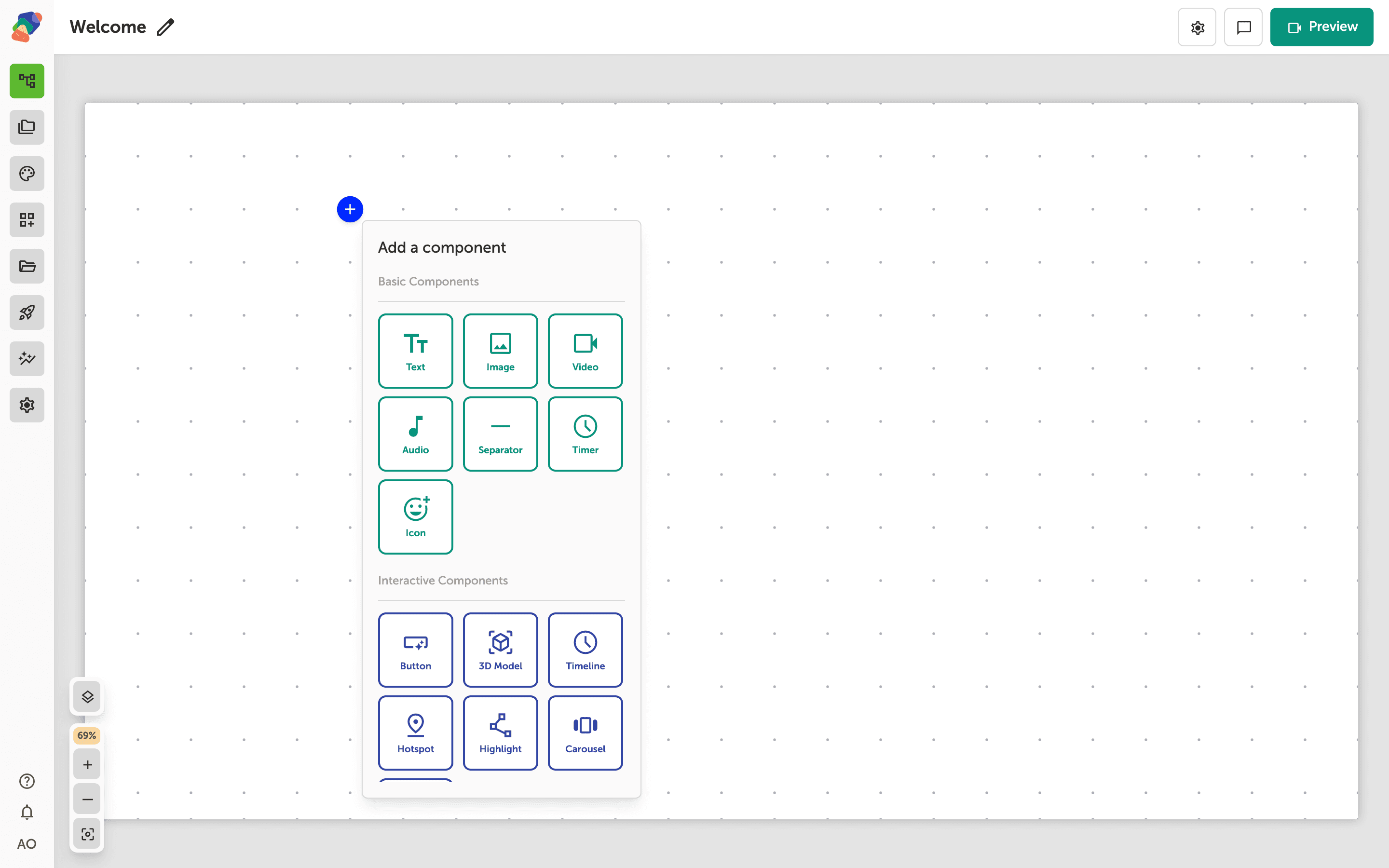 The Add component popover with Timer under Basic Components.
