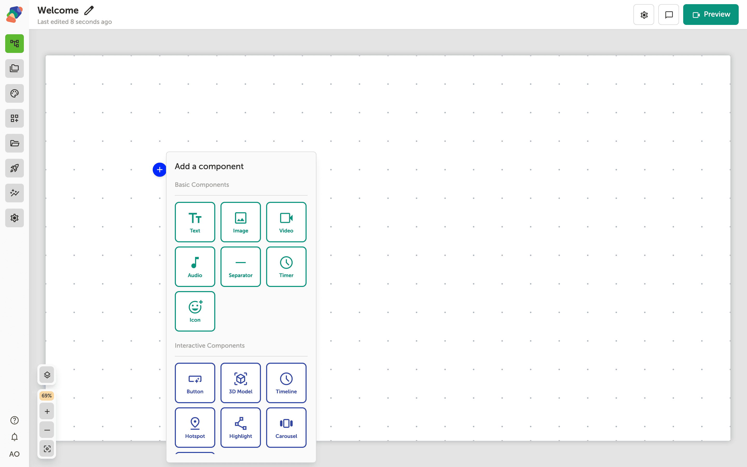 The Add component popover with Bubble under Layout Components.
