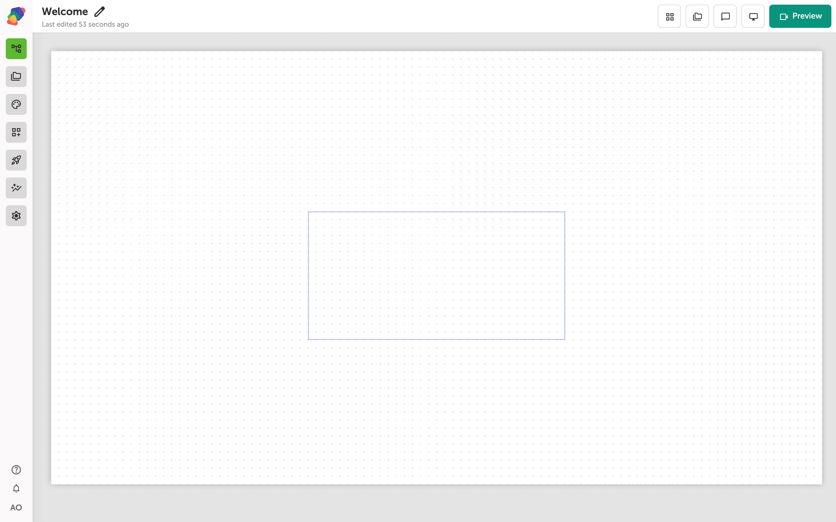 The Zibit view editor showing a project named Welcome with an empty dotted-grid canvas and a blue-outlined view boundary centered on the screen