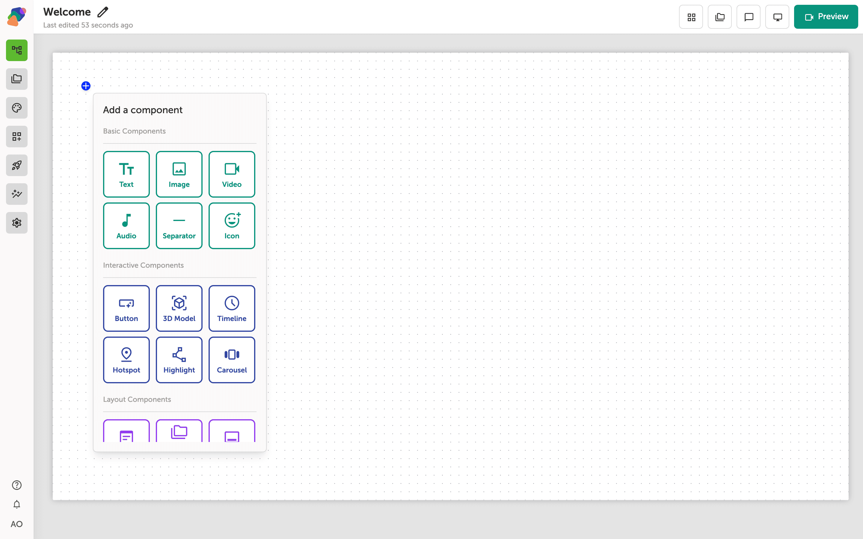 The Add a component panel open on the view editor canvas, showing Basic Components including Text, Image, Video, Audio, Separator, and Icon; Interactive Components including Button, 3D Model, Timeline, Hotspot, Highlight, and Carousel; and the top of the Layout Components section partially visible at the bottom.