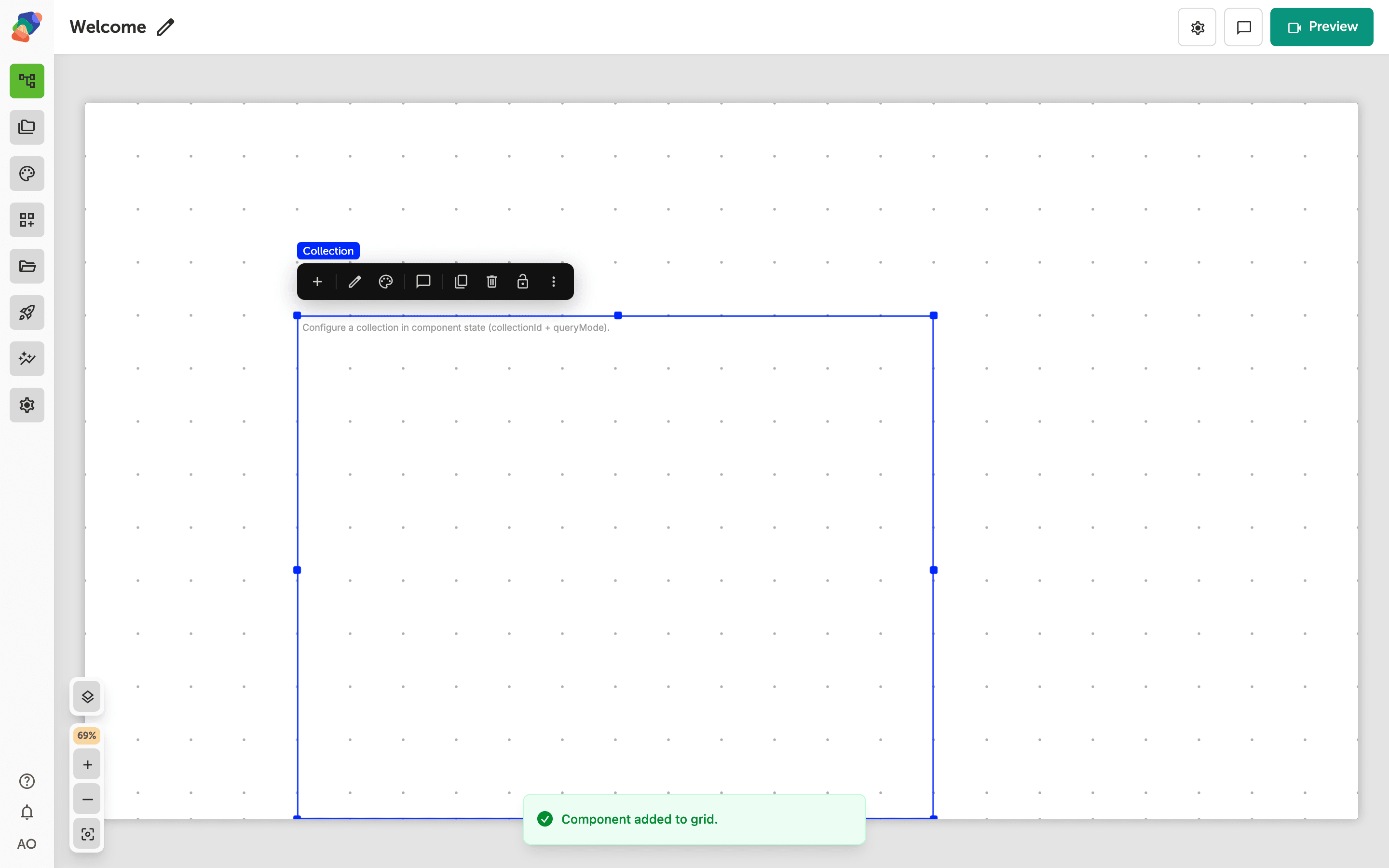 The view editor canvas showing a large collection component selected with blue resize handles. A green confirmation toast at the bottom reads 'Component added to grid.' A toolbar with editing icons floats above the component.