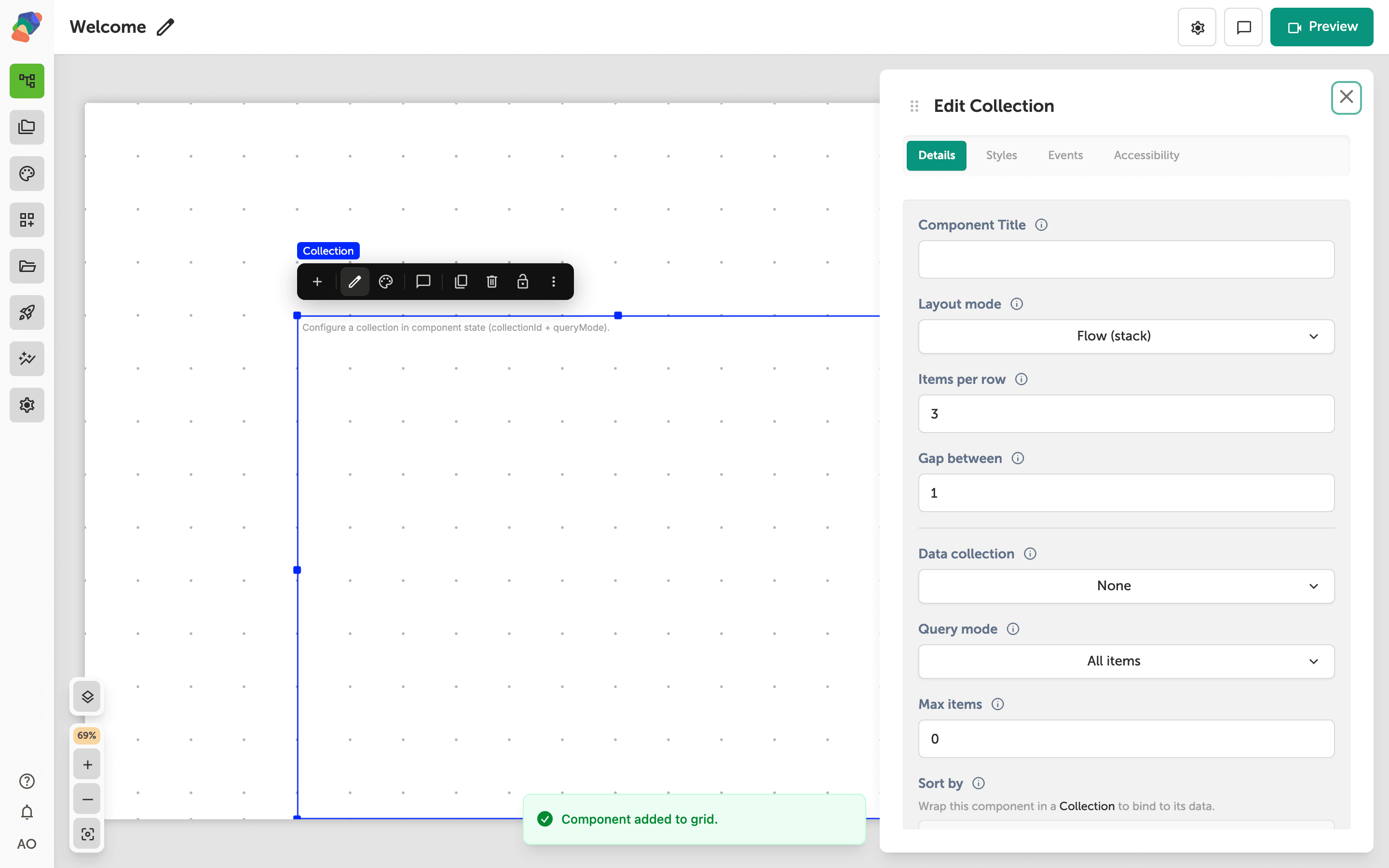 The Edit Collection side panel showing the Details tab with Data collection set to None, Query mode set to All items, and Max items set to 50. A confirmation toast at the bottom reads 'Component added to grid.'