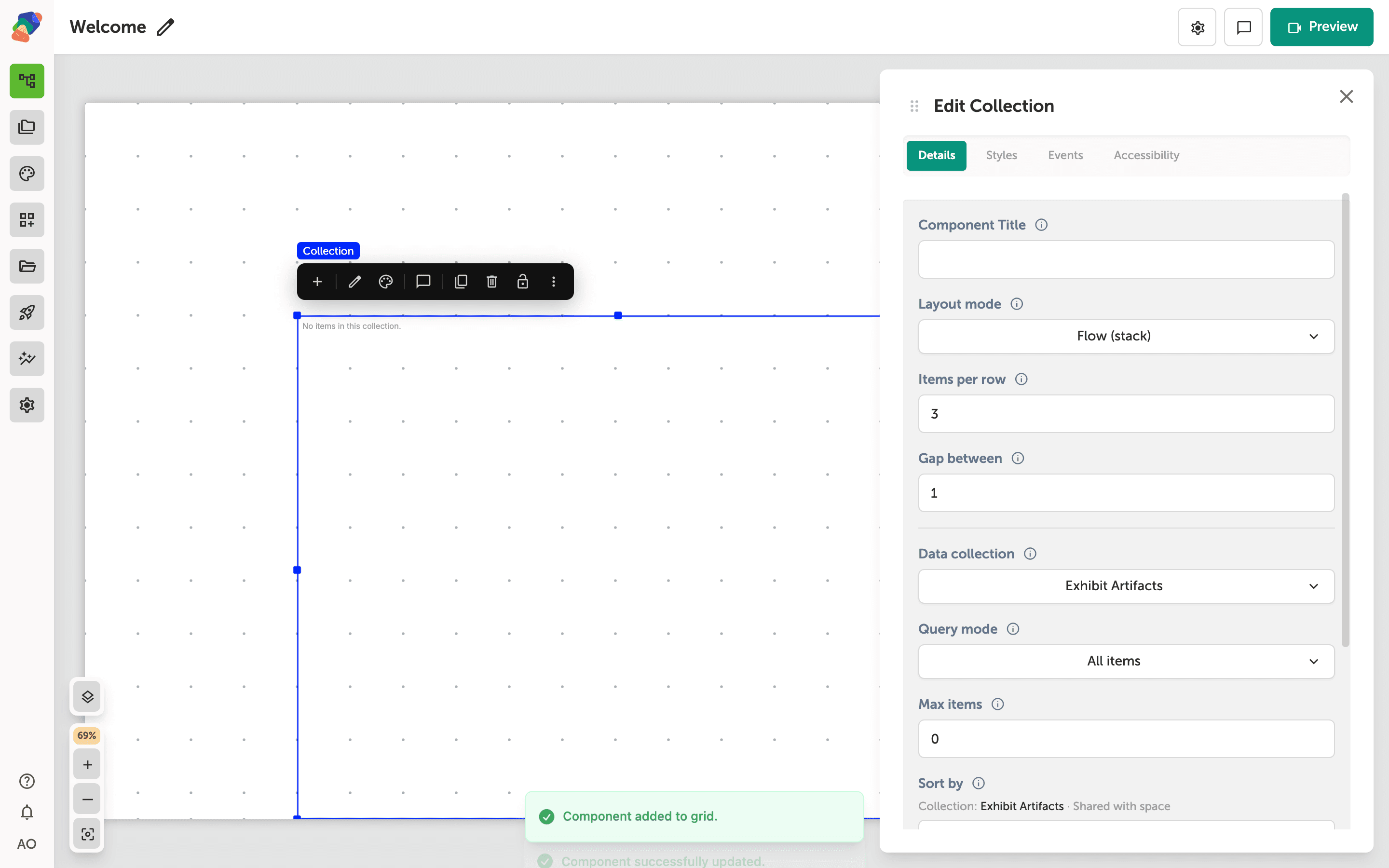 The Edit Collection panel with Exhibit Artifacts chosen as the data collection, Query mode set to All items, and Max items set to 50. The canvas shows the selected collection component displaying 'No items in this collection.' A success toast reads 'Component successfully updated.'