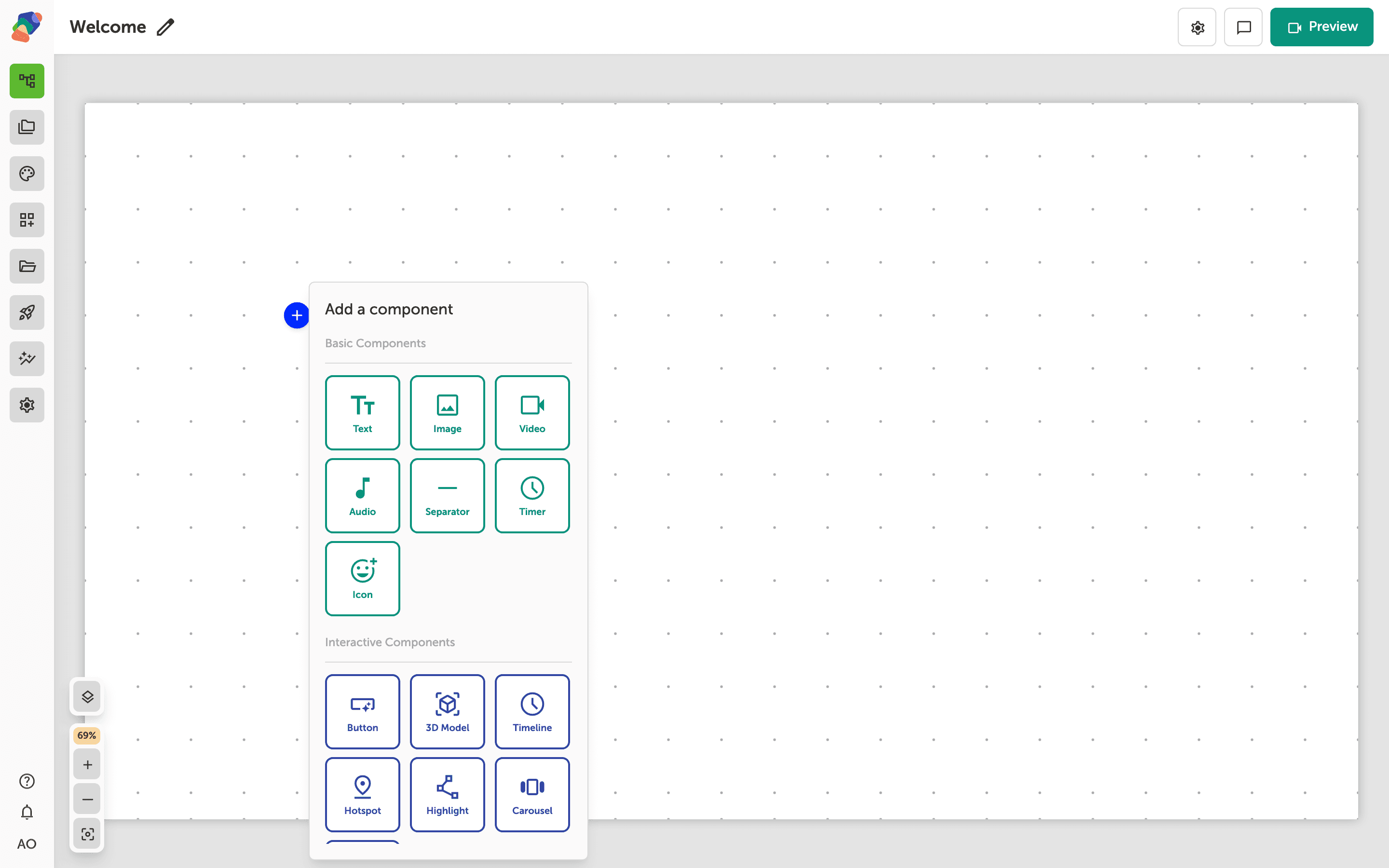 The Add component popover with Header under Layout Components.