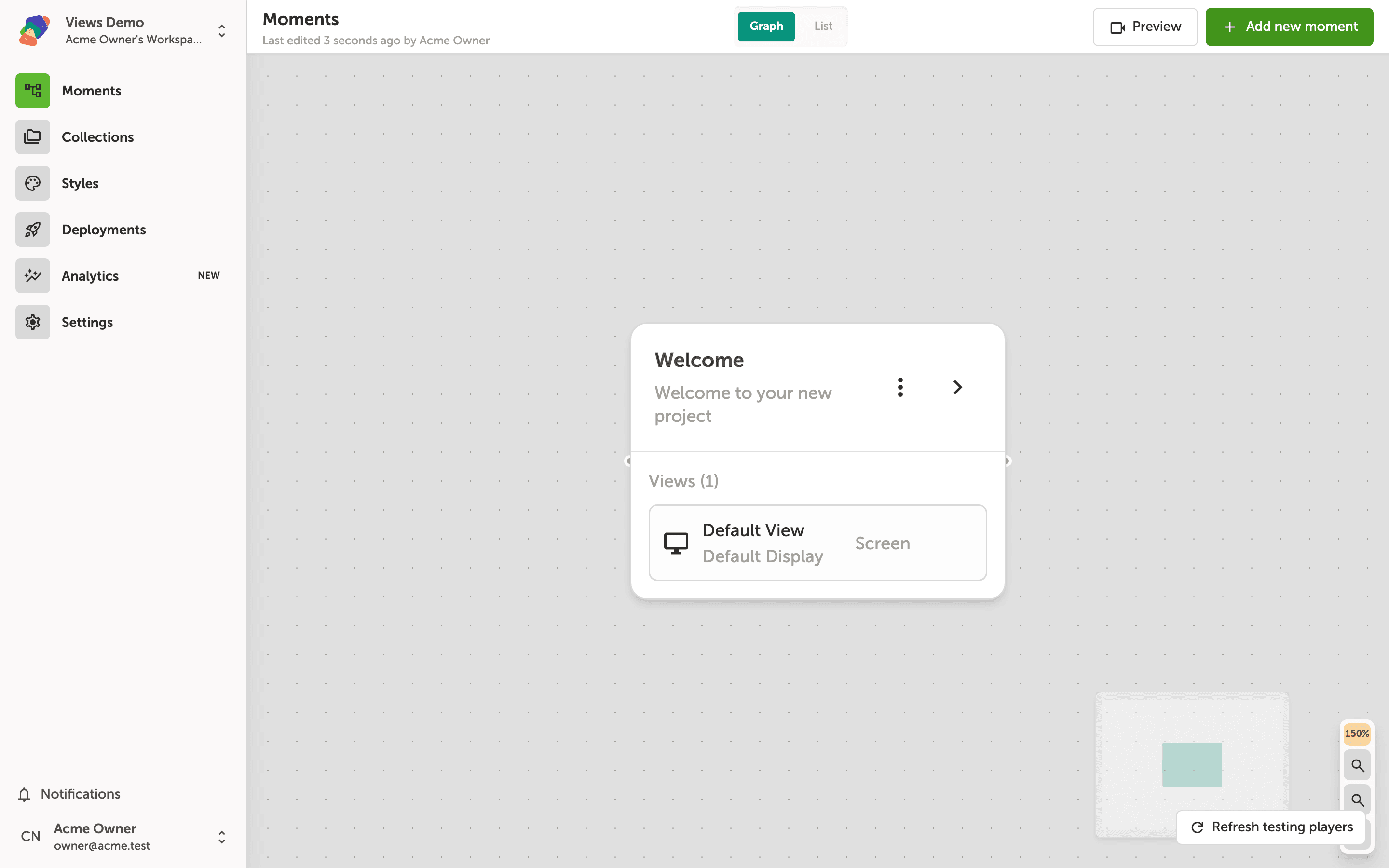 The Zibit moments graph showing a project called Views Demo with a single moment card labeled Welcome, along with toolbar buttons for Preview and Add new moment