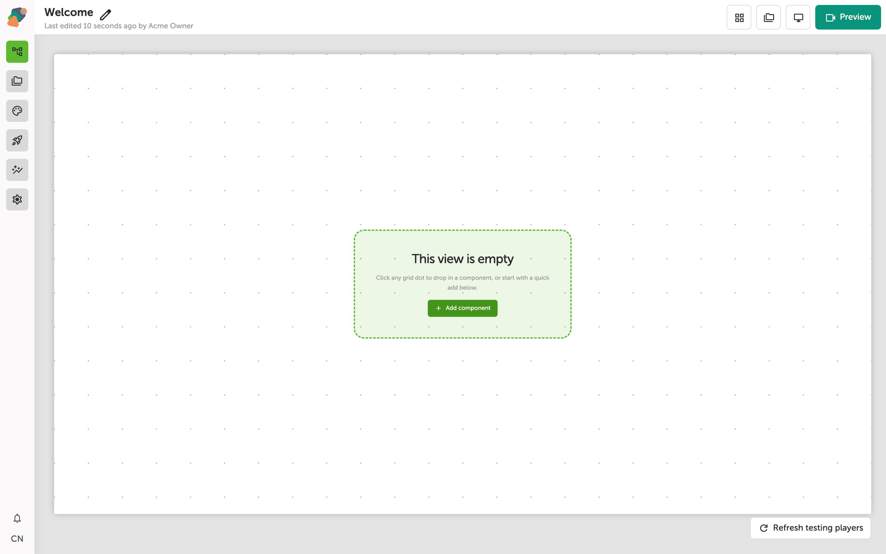The Zibit View Editor showing an empty canvas grid with toolbar buttons including Add component, Preview, and Grid settings