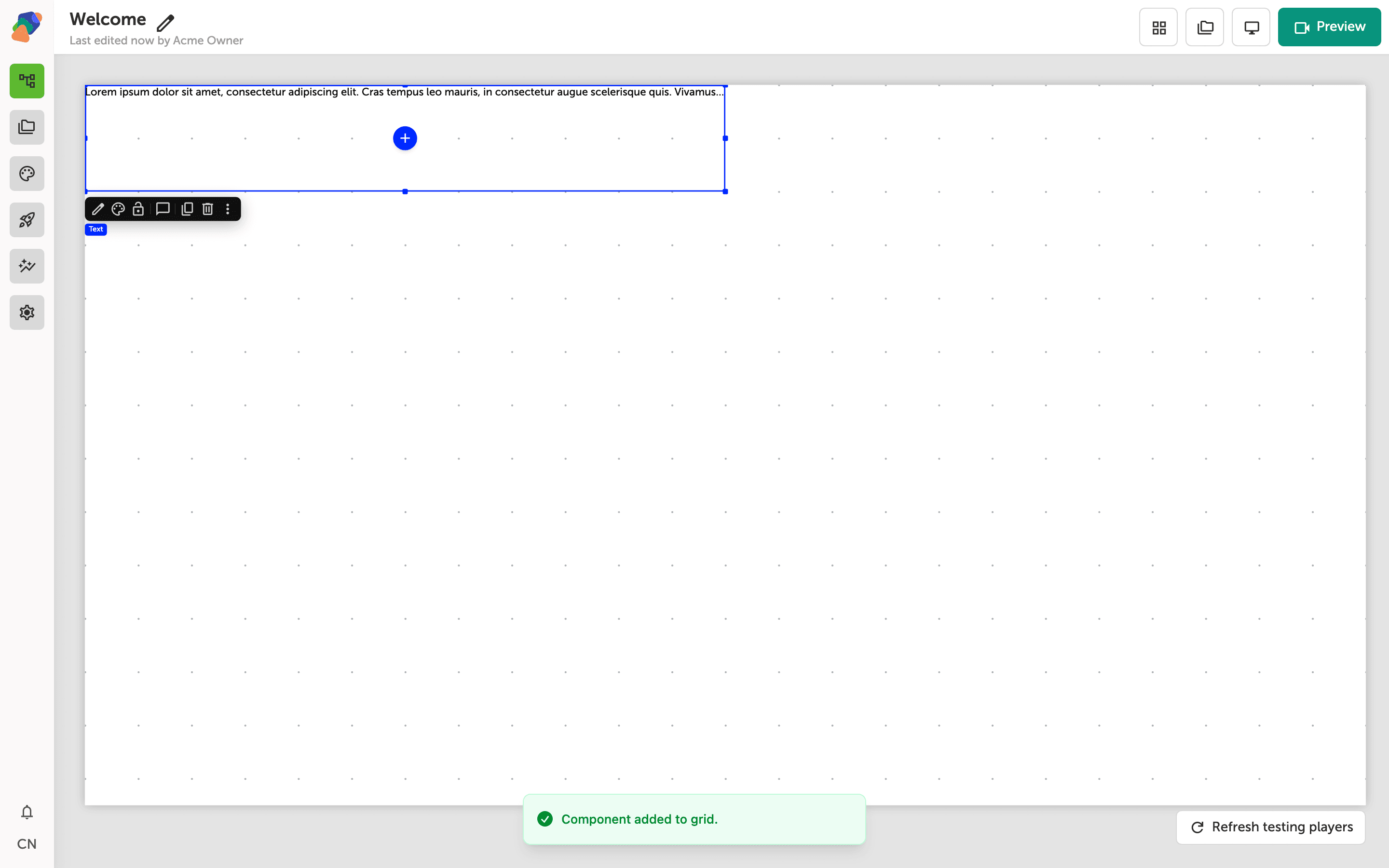 A text component selected on the Zibit canvas editor, surrounded by resize handles and a quick actions toolbar showing edit, layer, lock, comment, duplicate, and delete options