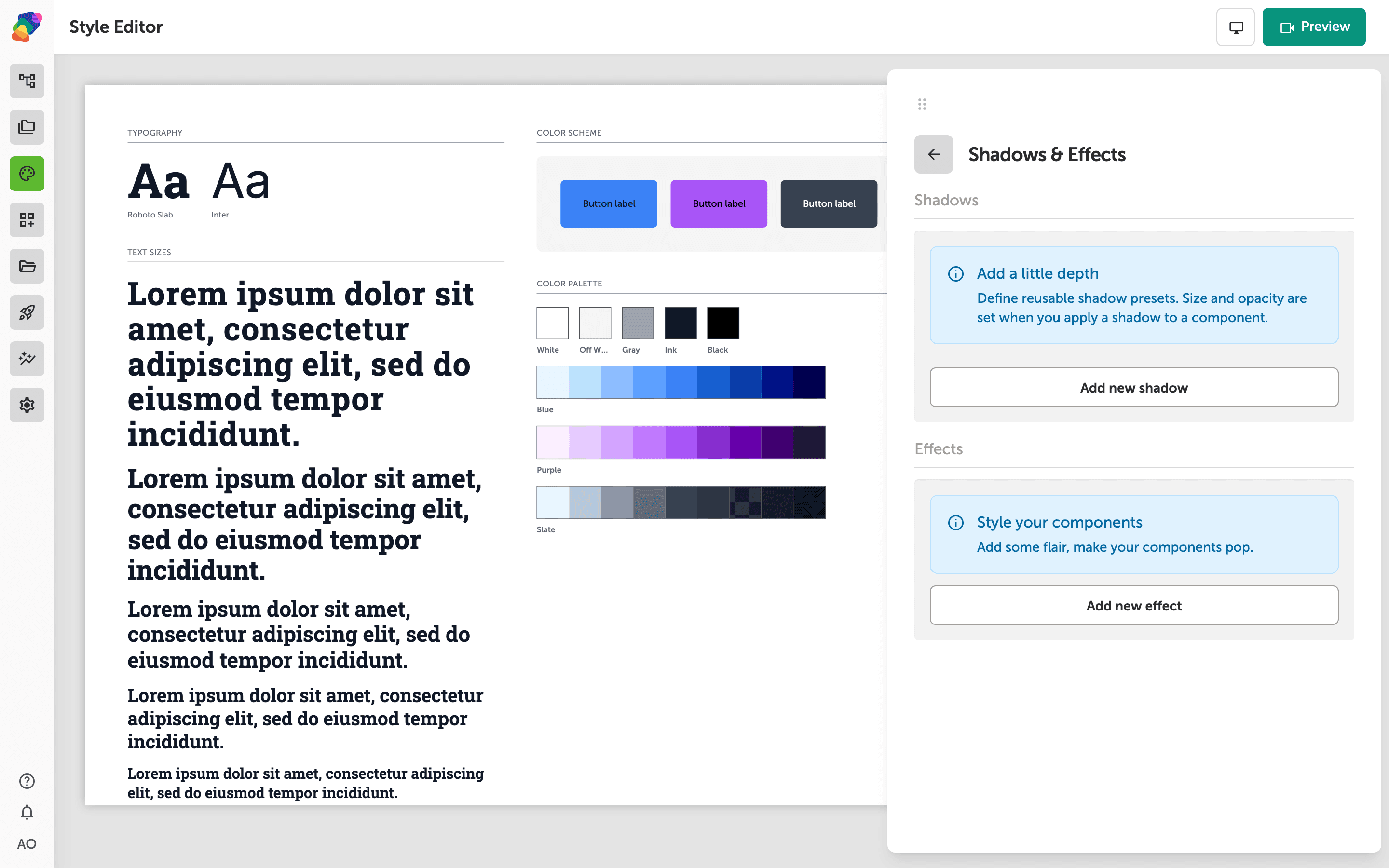 The Style Editor with the Shadows & Effects panel open on the right. The Shadows section shows an empty state with an 'Add new shadow' button, and the Effects section below shows an empty state with an 'Add new effect' button.