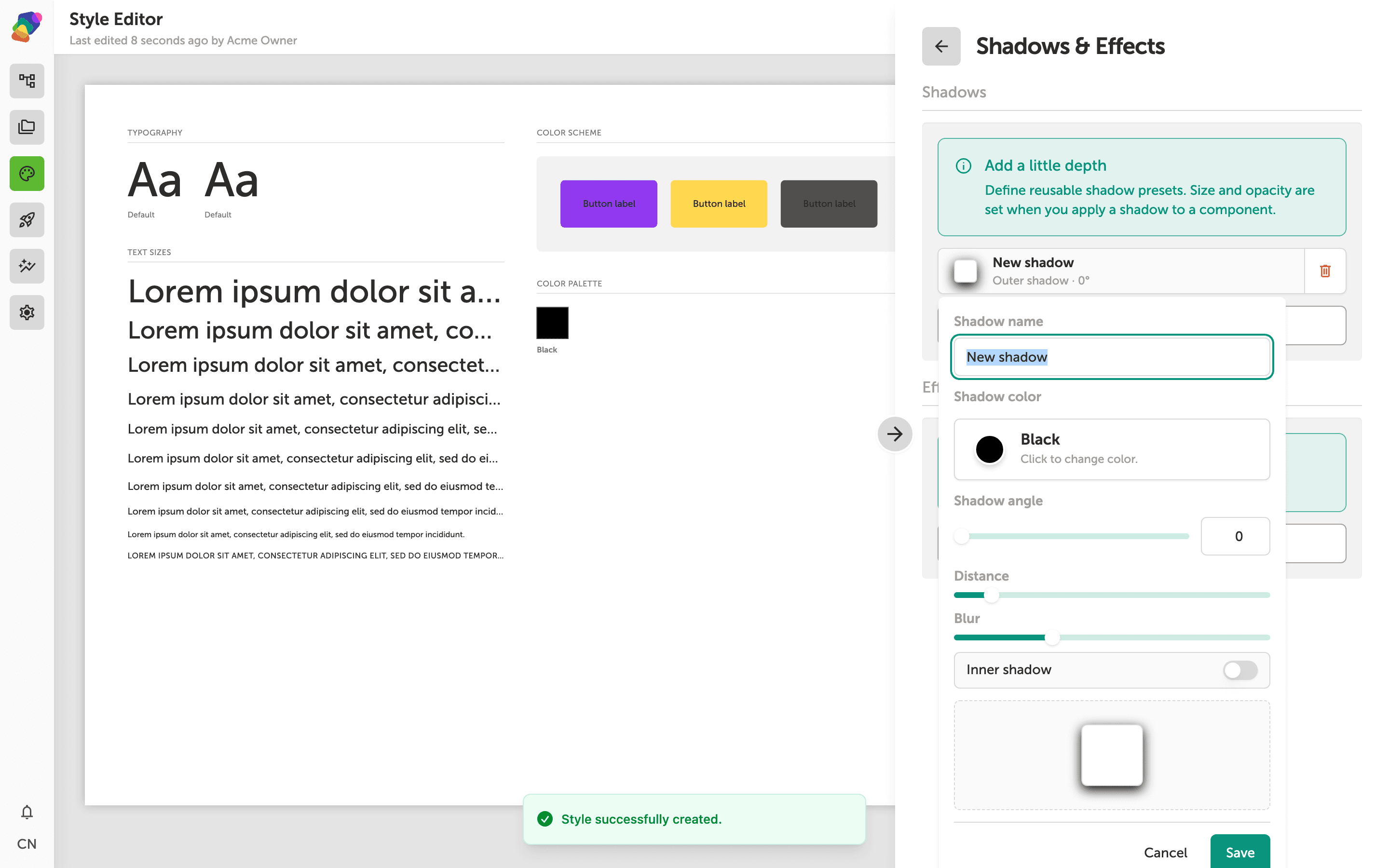 The shadow editor popover in the Zibit Style Editor, showing horizontal and vertical offset sliders, a blur slider, an inset toggle, and a color picker swatch.