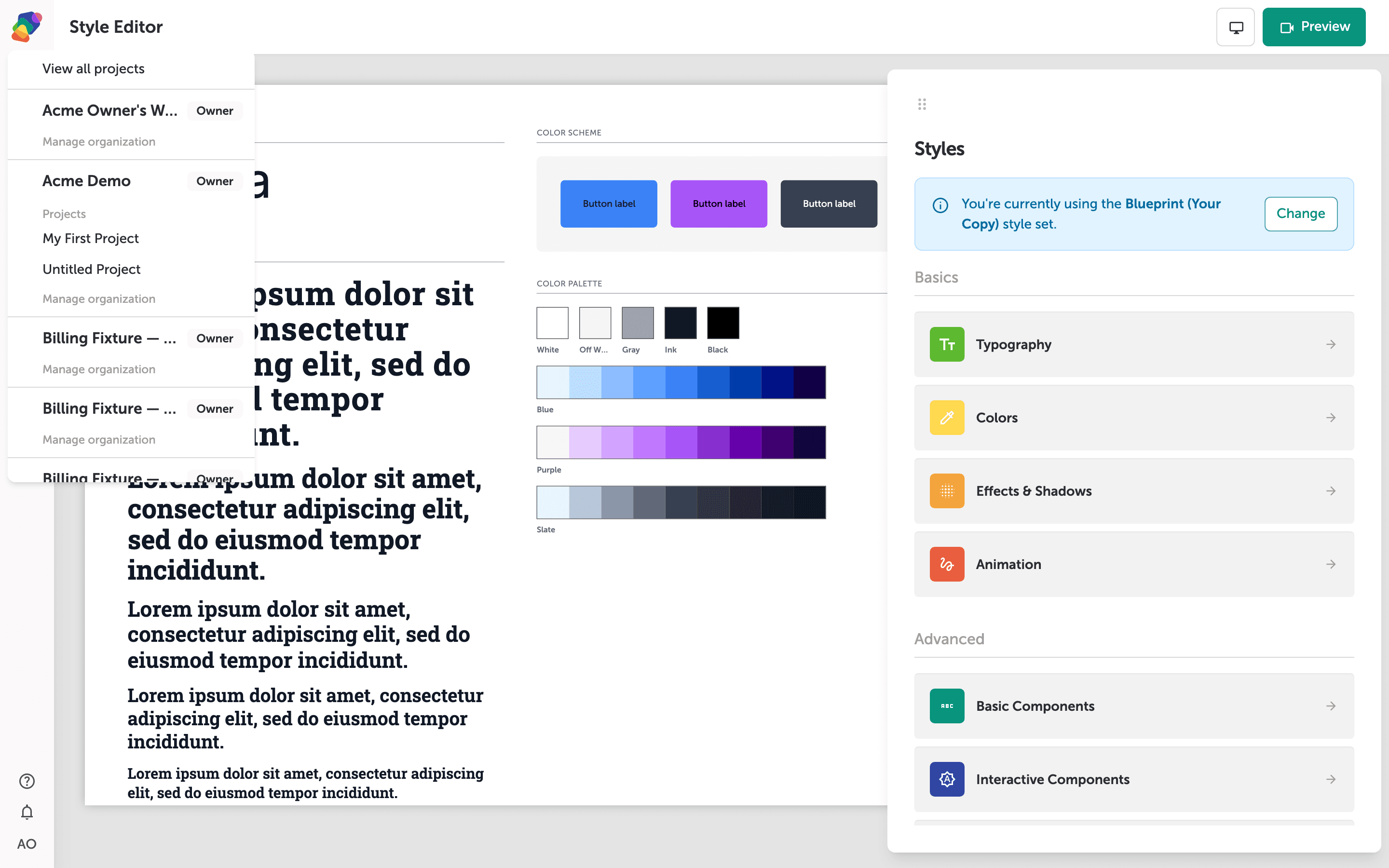 The Animation panel listing motion presets including the type animations.
