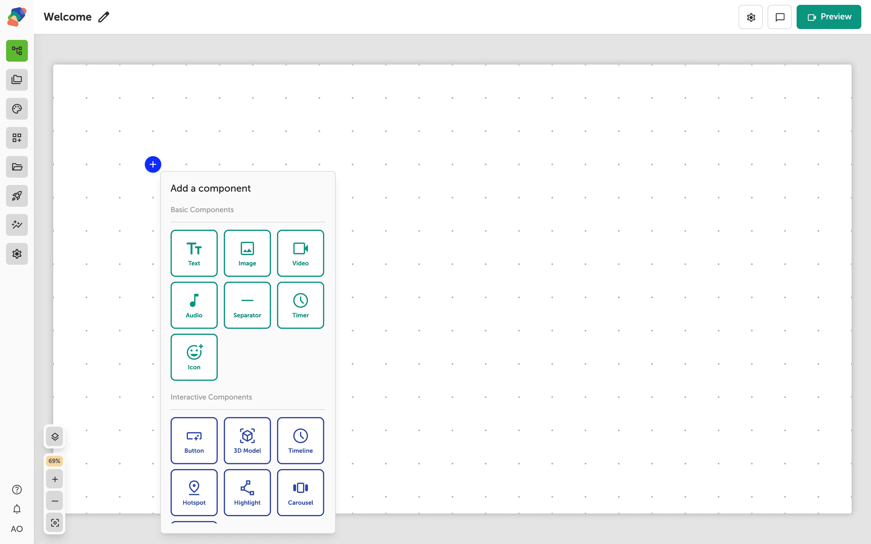 The Add component popover with Form under Form Components.