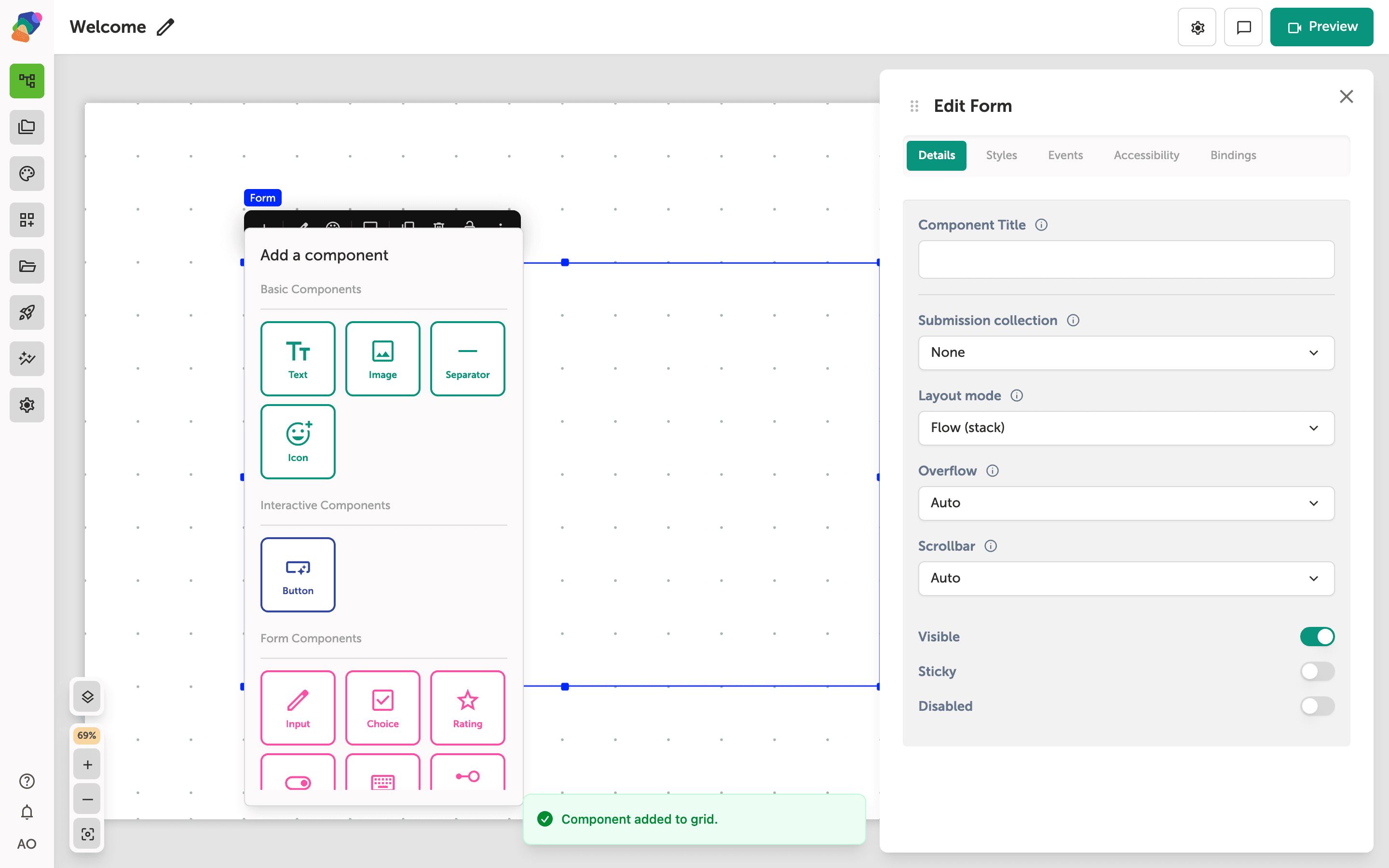 The form add menu with Input available.