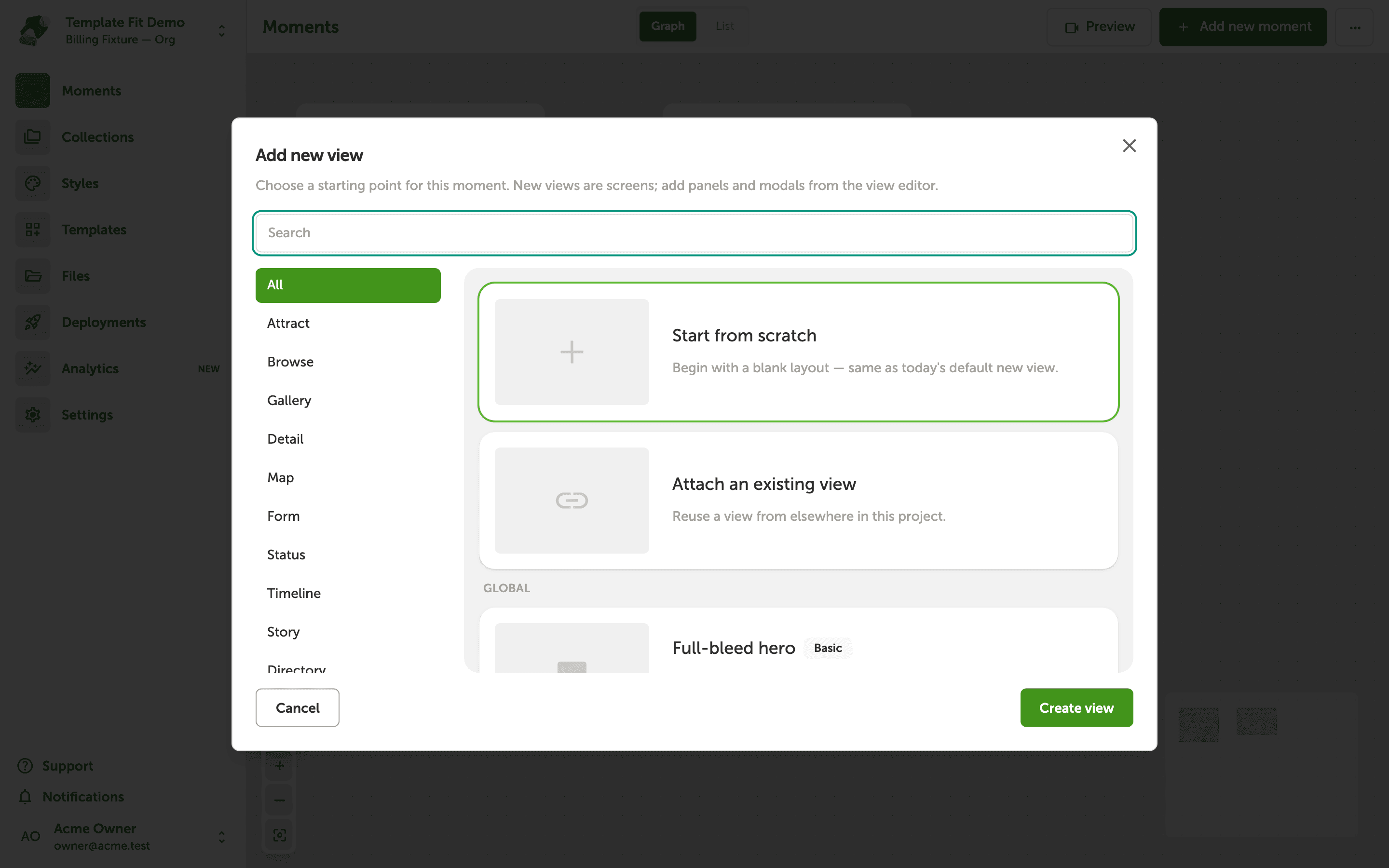 The Add new view dialog with Start from scratch and starting kits.