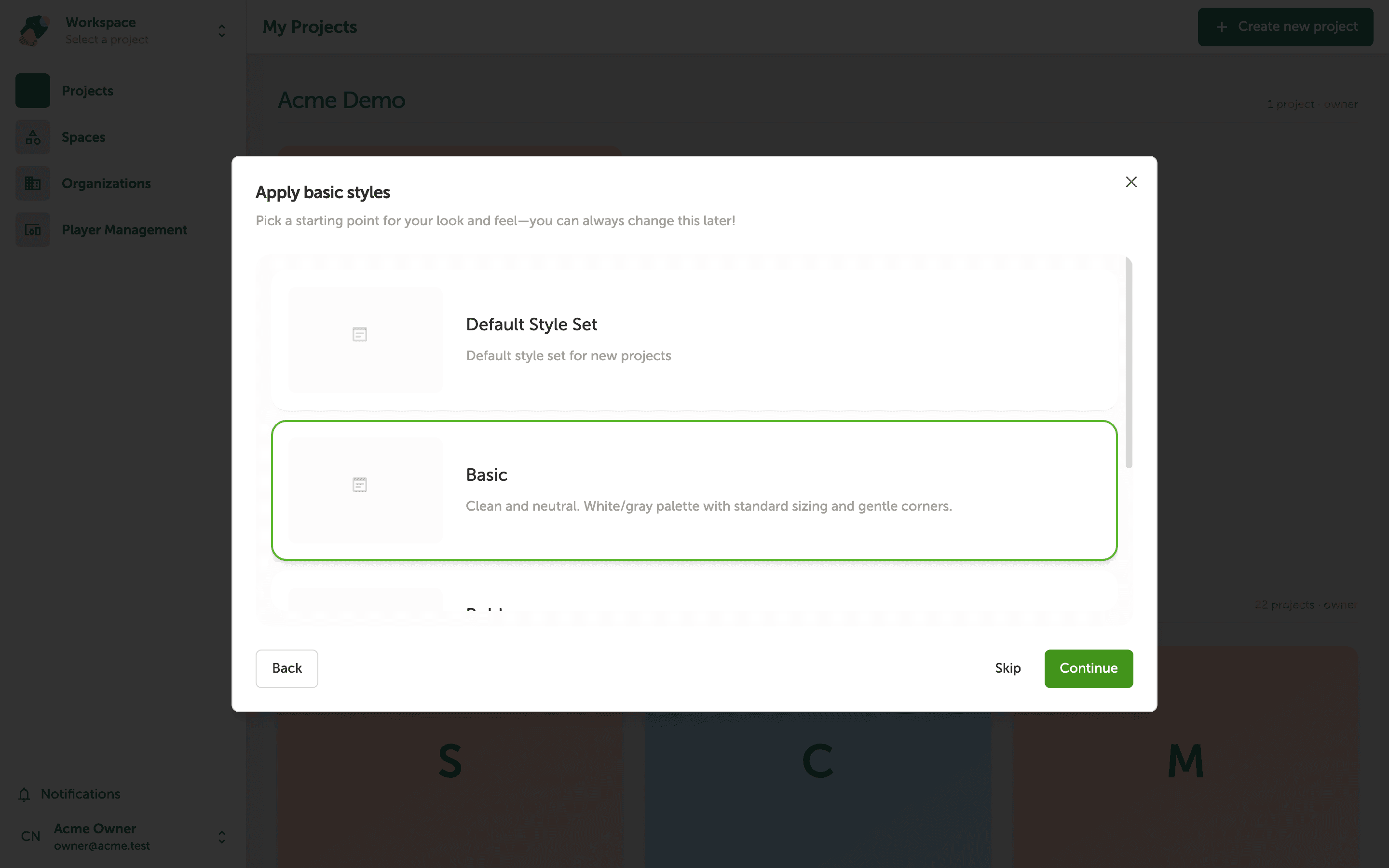 The 'Apply basic styles' dialog open over the My Projects dashboard, showing a grid of style template options represented by letter 'A' buttons in different typographic styles, with one option highlighted by a green border