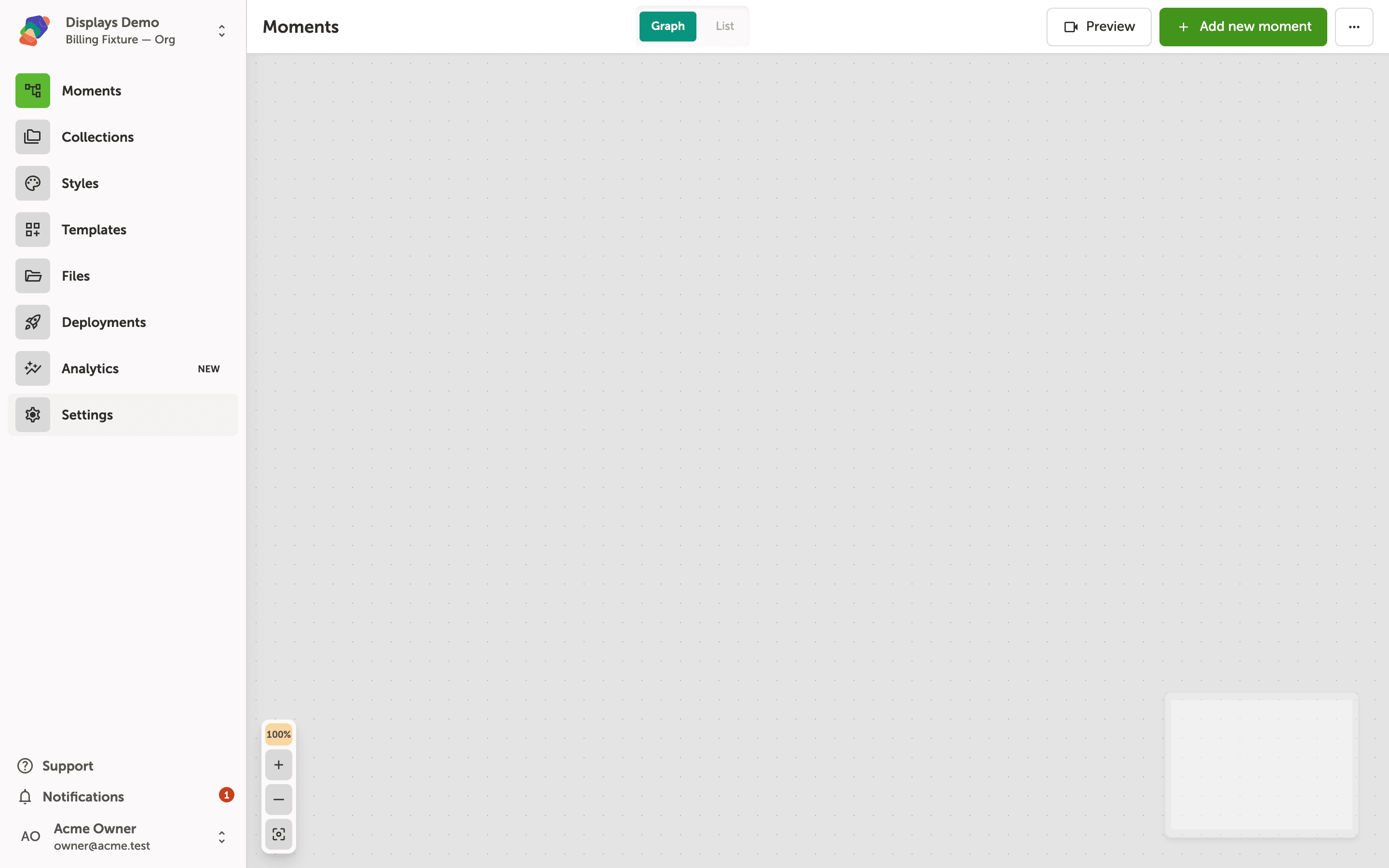 The Moments graph for Displays Demo with the project sidebar listing Moments, Collections, Styles, Templates, Files, Deployments, Analytics, and Settings.