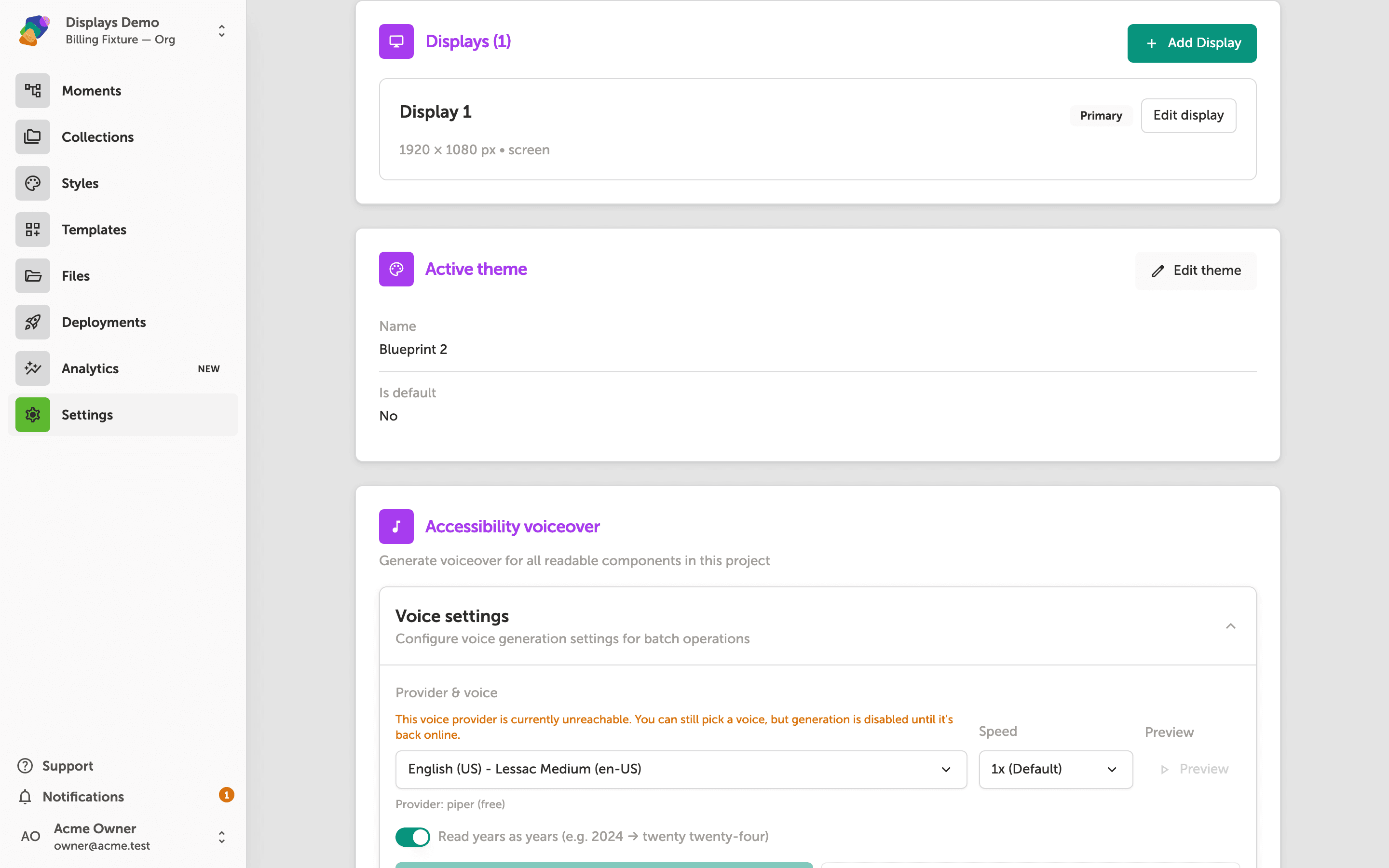 The Project settings page showing the Displays section with one Library Display card marked Primary at 1920 by 1080, and an Add Display button in the top-right of the section.