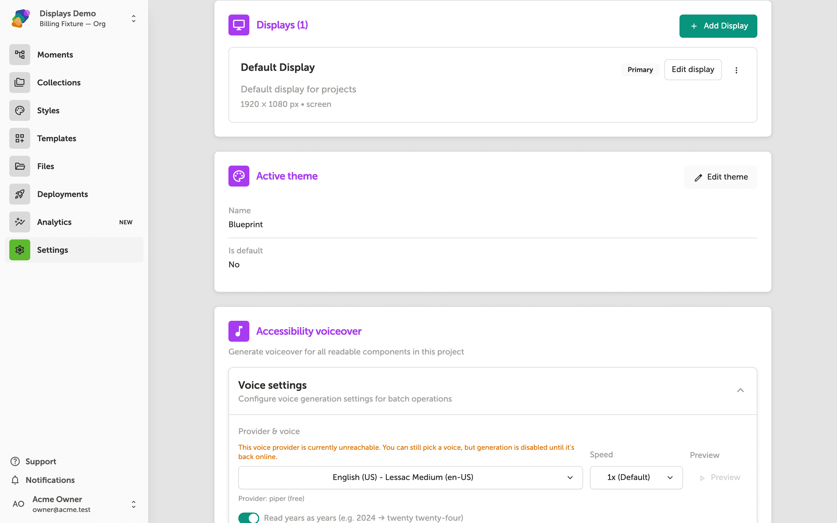 The Project settings page showing the Displays section with one Library Display card marked Primary at 1920 by 1080, and an Add Display button in the top-right of the section.