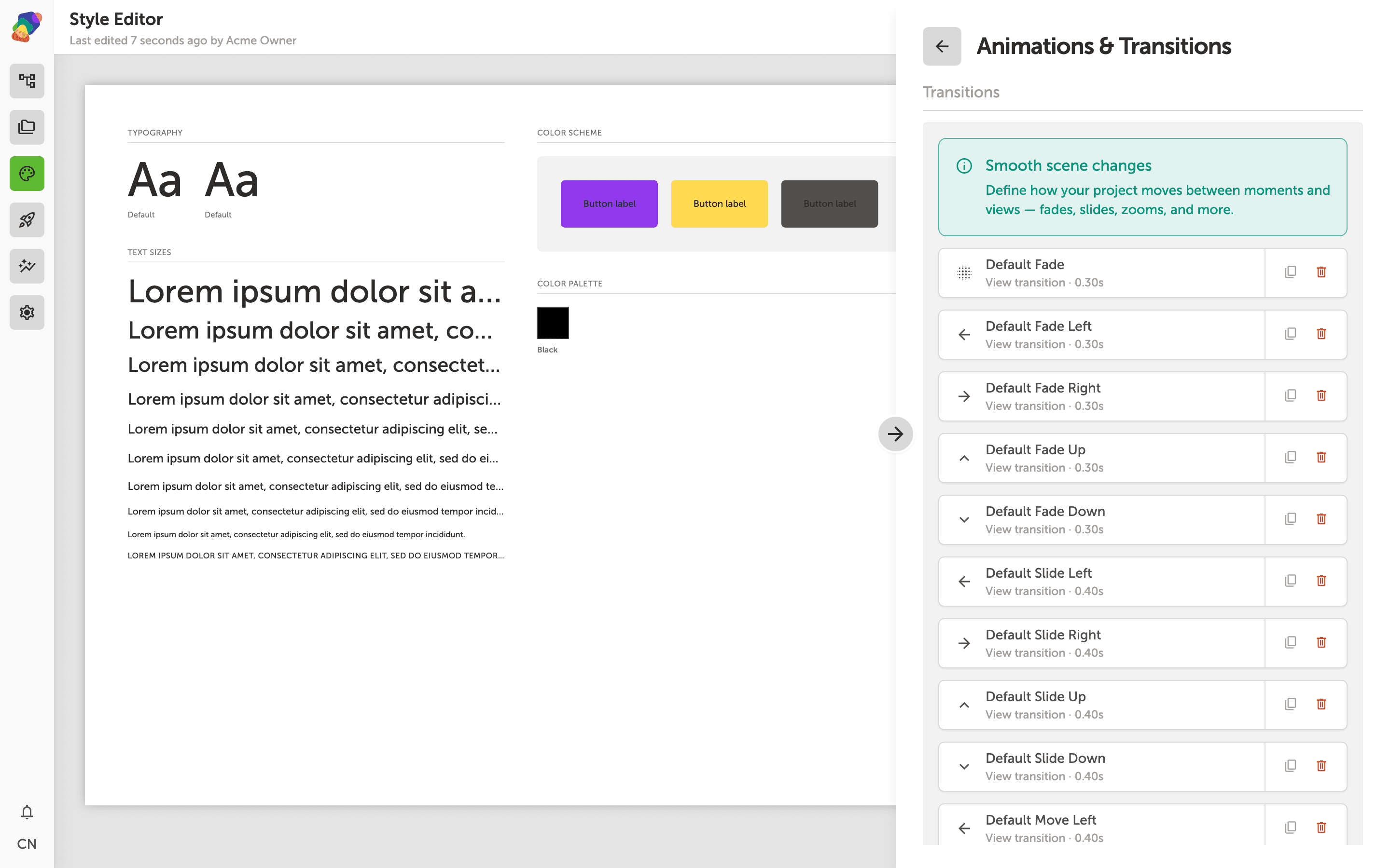 The Animations & Transitions panel in the Style Editor, showing transition preset options at the top and entry animation controls for components below