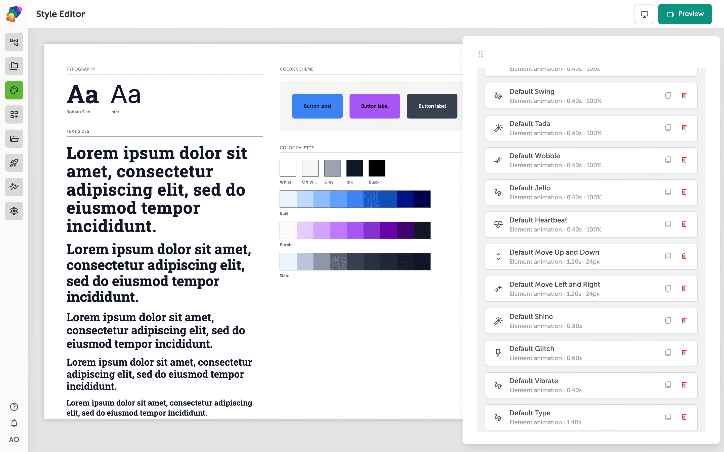 A popover panel showing transition controls: a dropdown for animation type, an easing curve selector, and a duration slider measured in seconds.