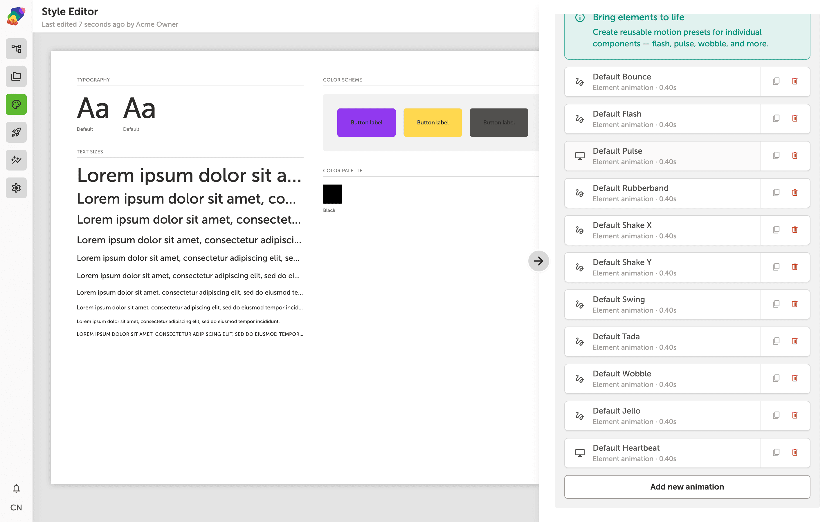 A popover panel showing transition controls: a dropdown for animation type, an easing curve selector, and a duration slider measured in seconds.