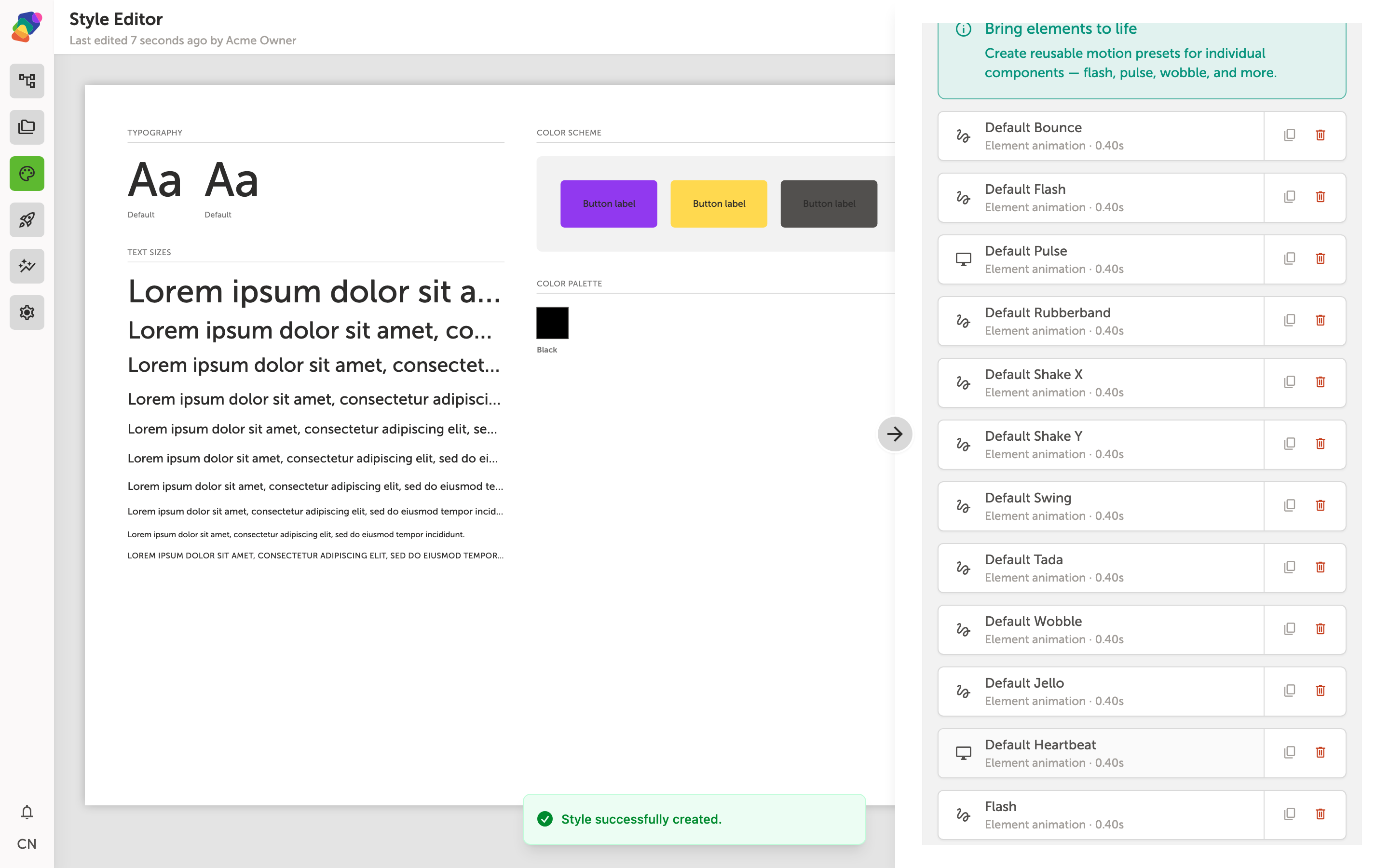 The Animations & Transitions panel in the Zibit Style Editor, showing options to select an animation type such as Fade In or Slide Up and set a duration in milliseconds before adding the animation.