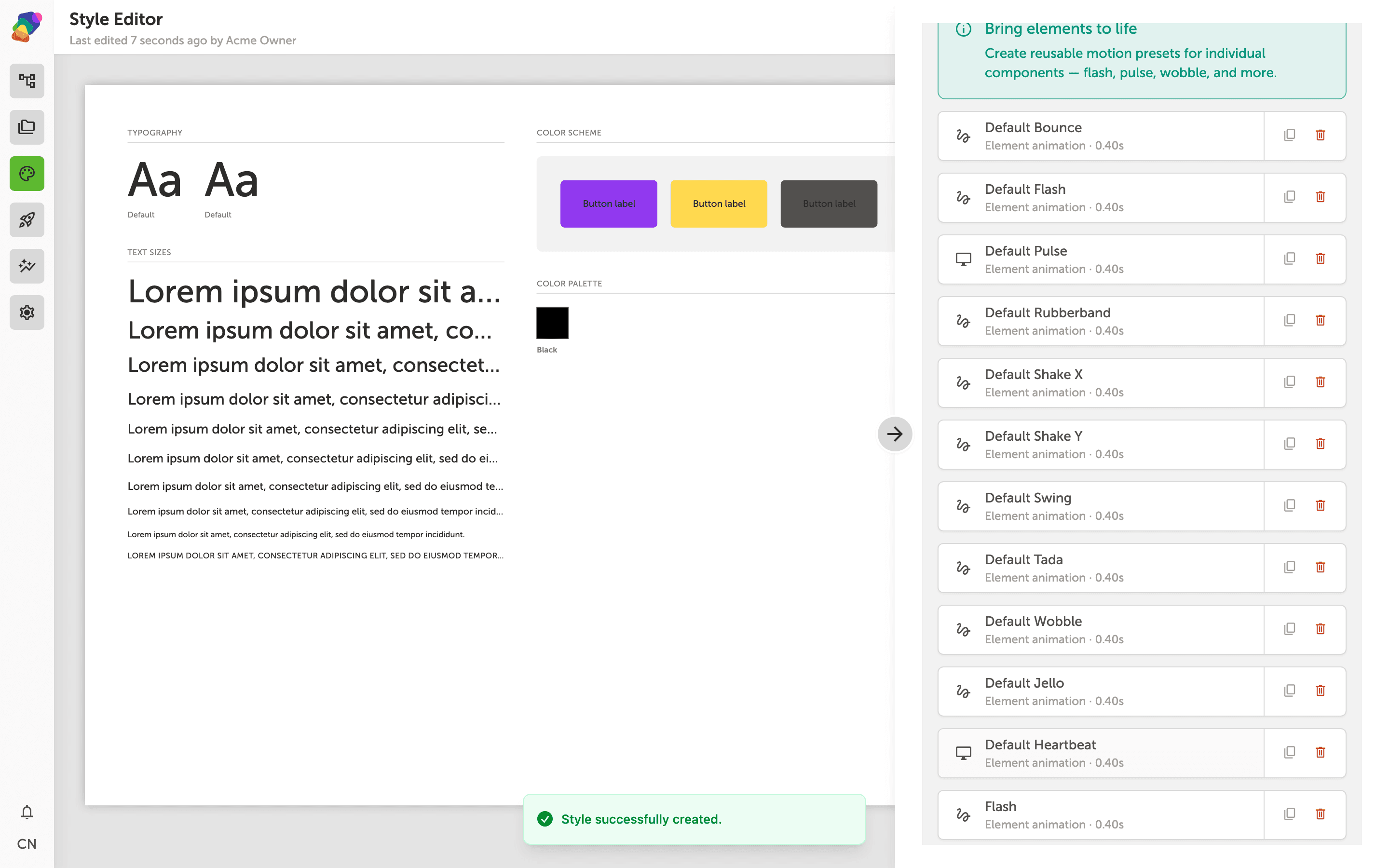 The Animations & Transitions panel in the Zibit Style Editor, showing options to select an animation type such as Fade In or Slide Up and set a duration in milliseconds before adding the animation.