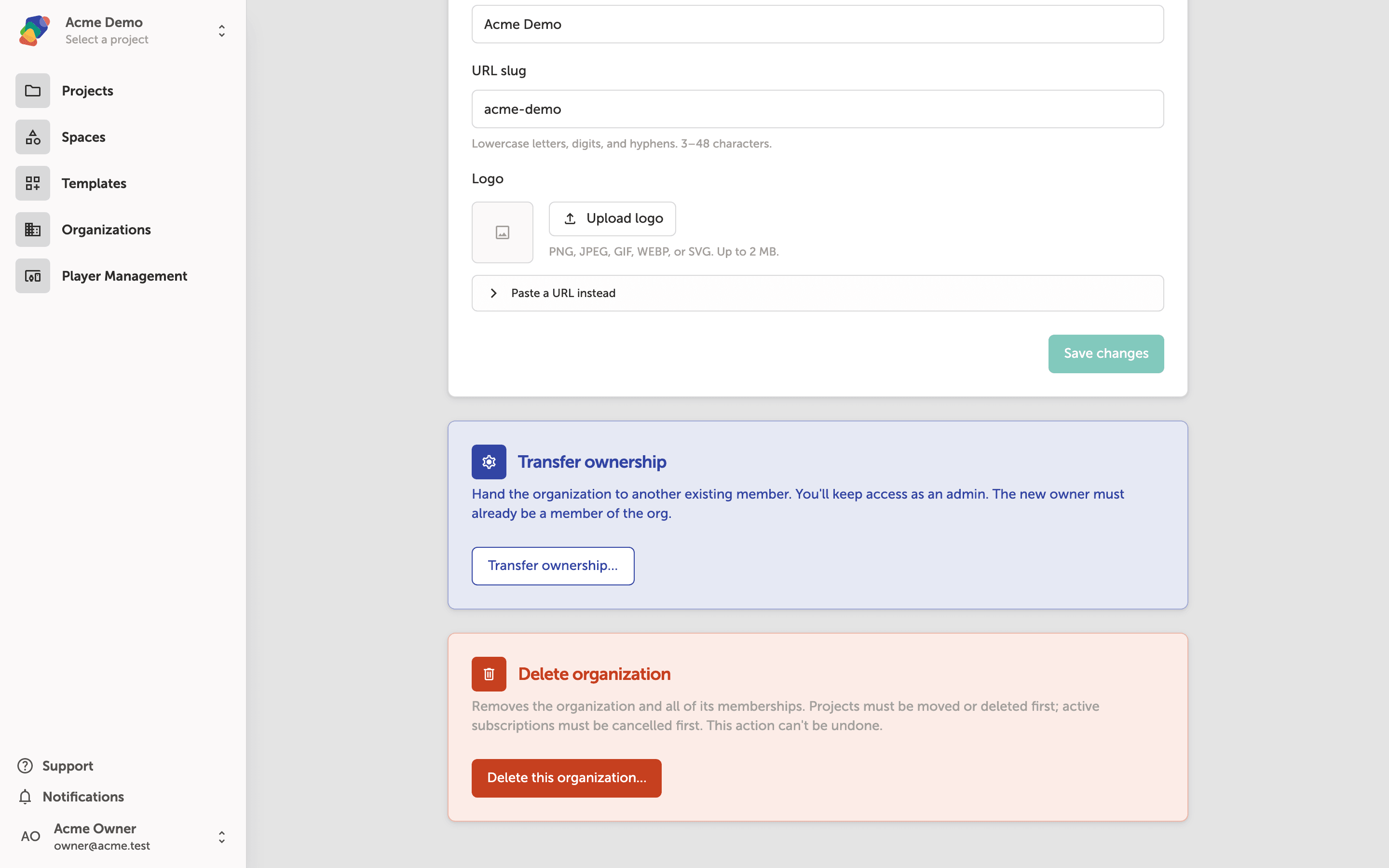 The General settings tab for the Acme Demo organization, showing the Logo section with an Upload logo button and a Paste a URL instead option, along with a Save changes button at the bottom right.