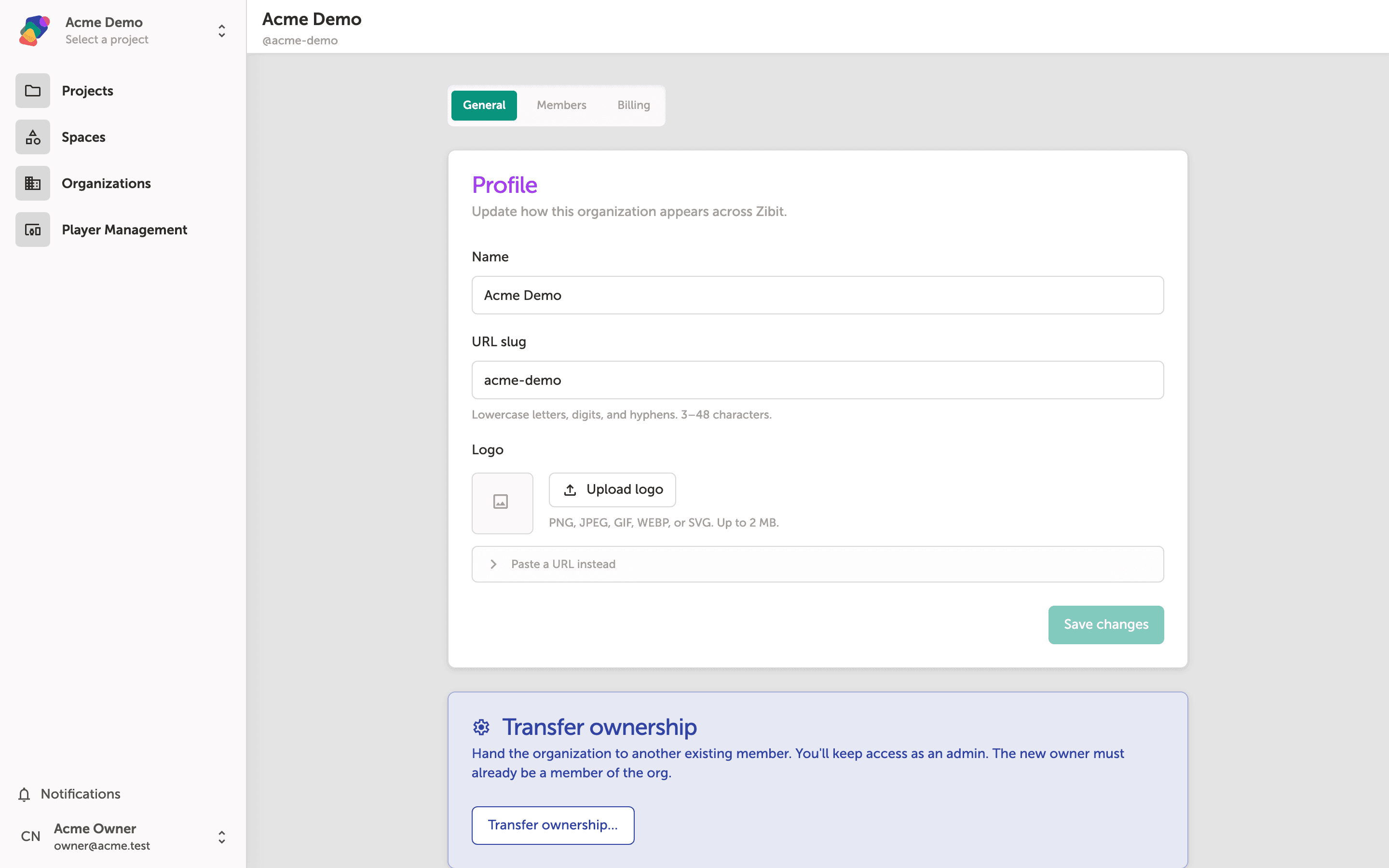 The General settings page for the Acme Demo organization, showing a Logo section with options to upload a file or paste a URL, along with a Save changes button below.