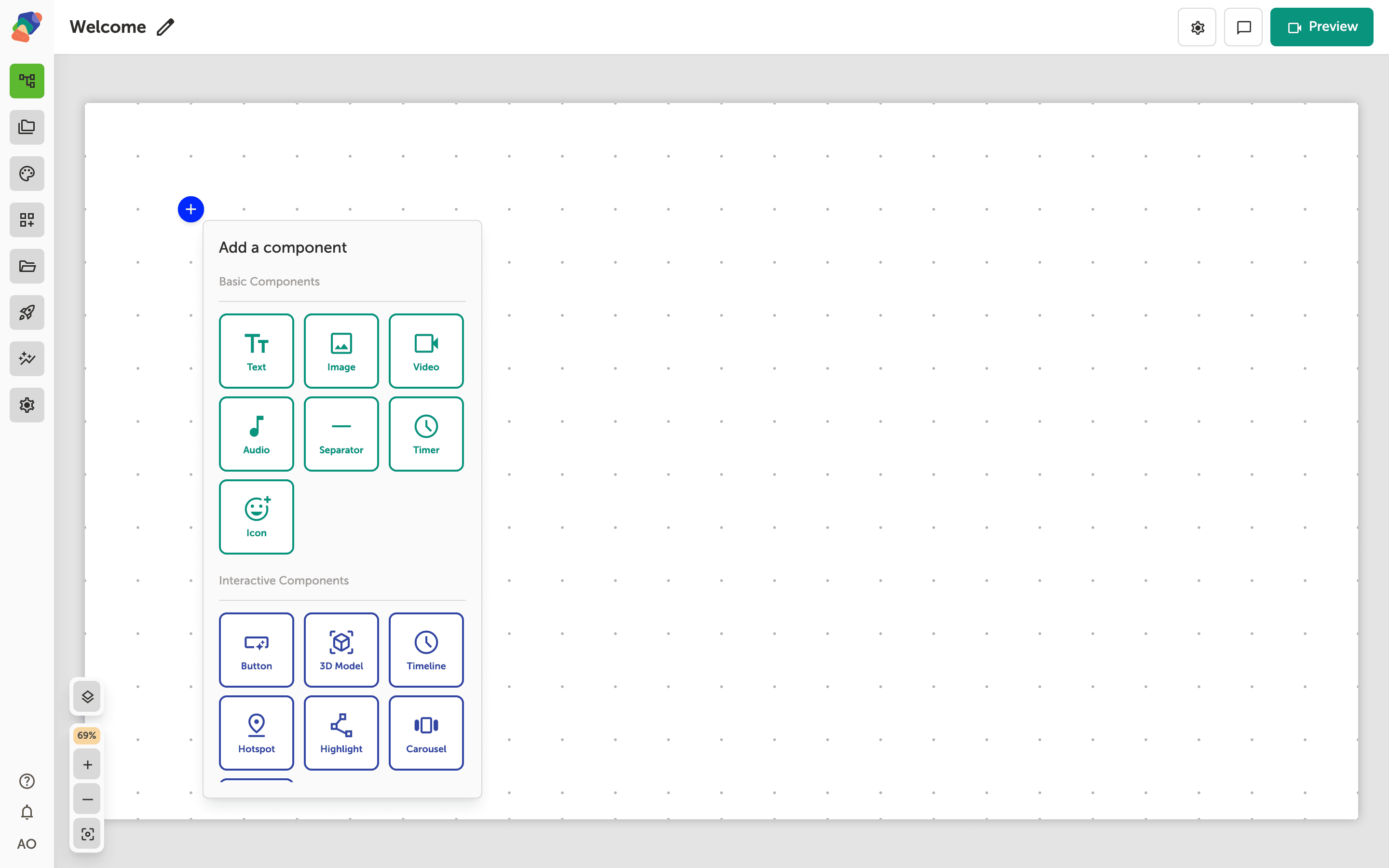 The Add component popover with Book under Interactive Components.