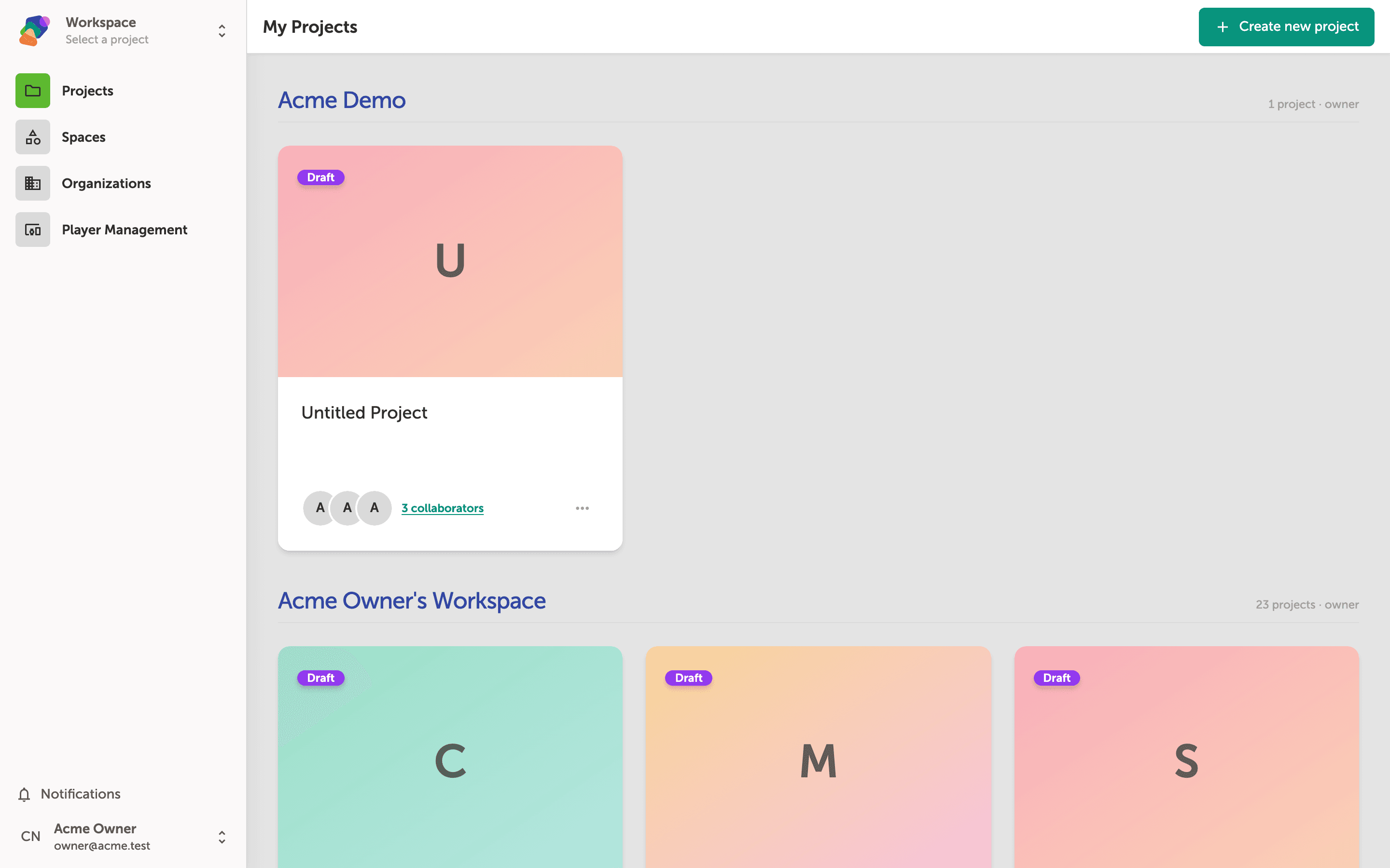 The My Projects dashboard showing a grid of existing projects, a Create new project button, and a workspace selector in the top navigation bar