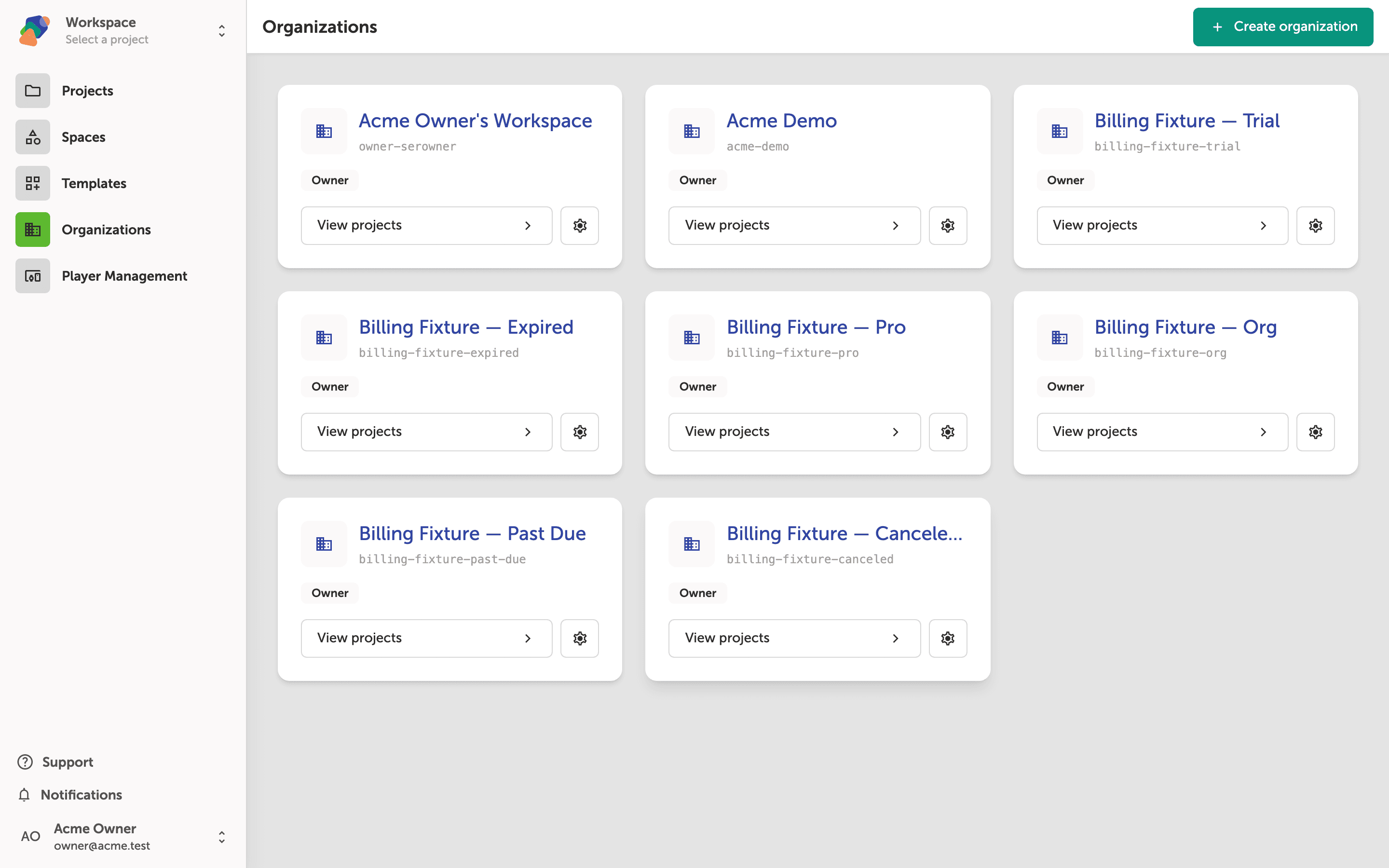 The Organizations page showing a grid of organization cards, each with a name, URL slug, role badge, View projects button, and settings icon, plus a Create organization button in the header
