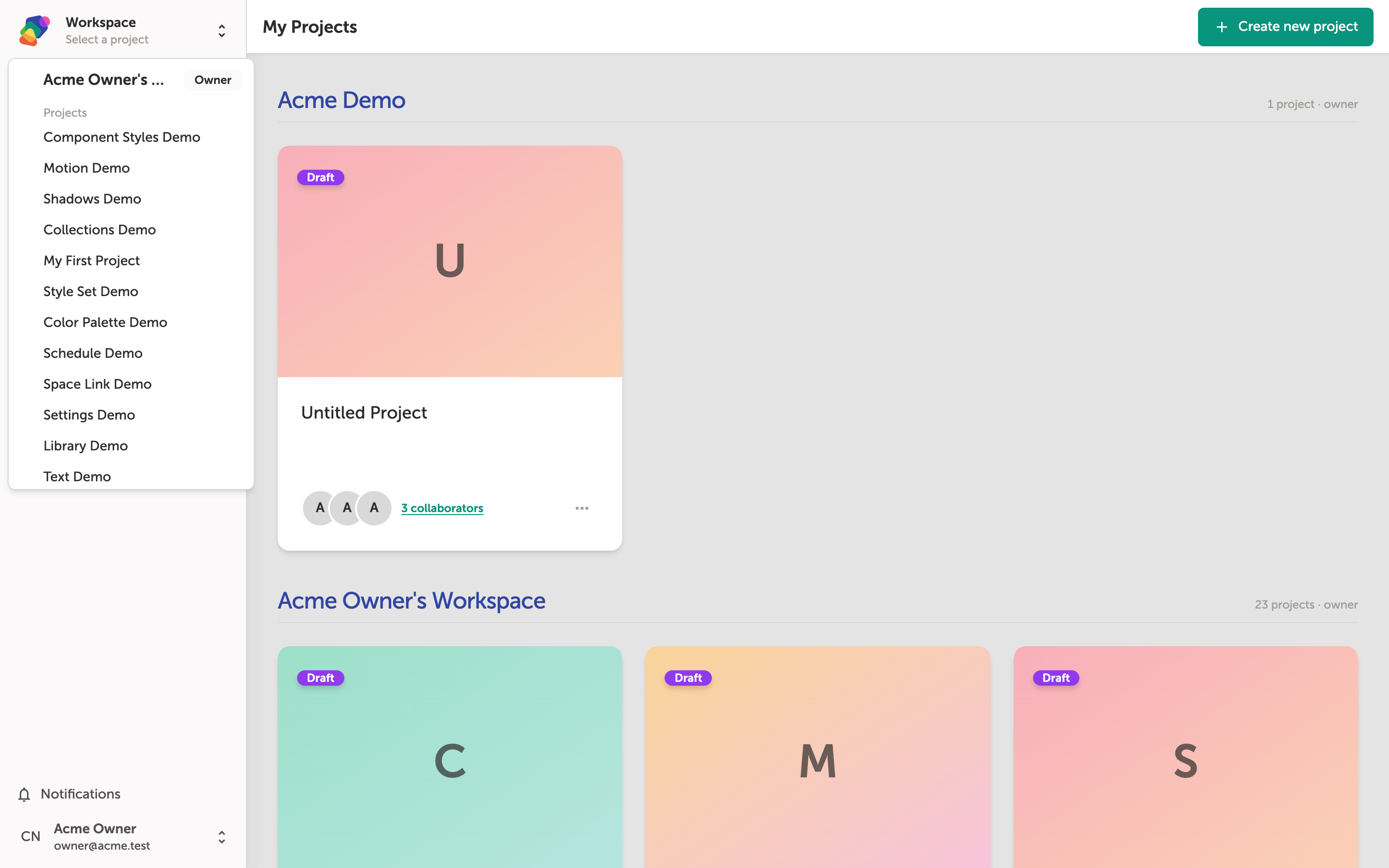 The Zibit sidebar showing a 'Workspace' button with an expand icon at the top, and a list of projects below including Untitled Project, Component Styles Demo, and others.