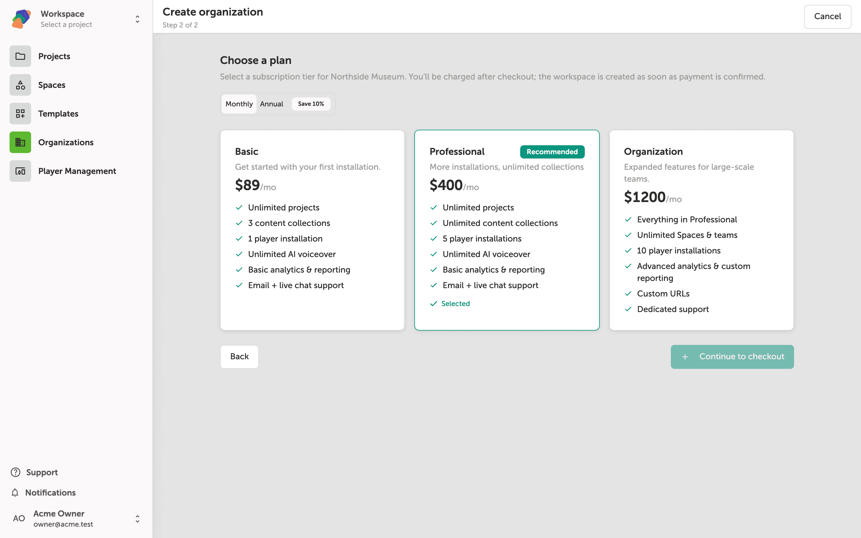 The Choose a plan step with the Professional plan selected, showing the Recommended badge and Continue to checkout