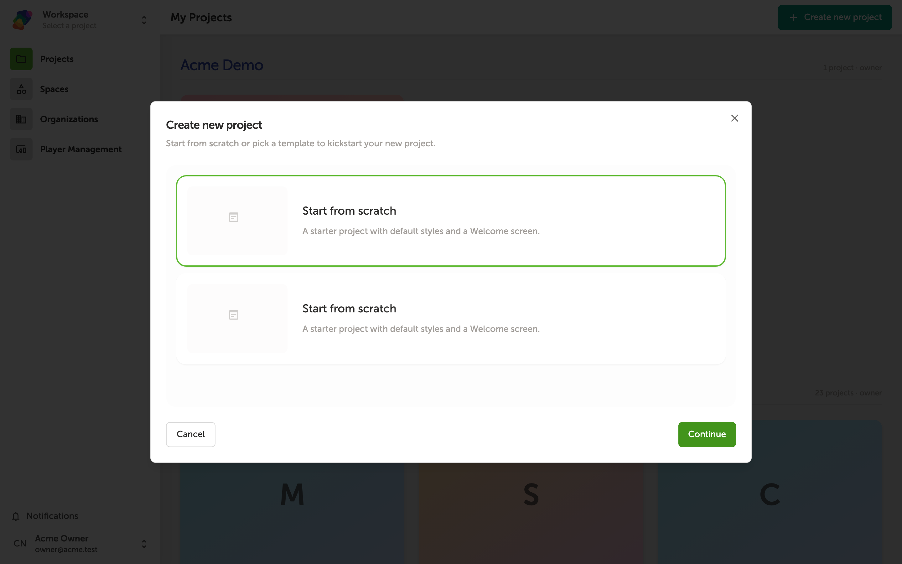 The My Projects page with a 'Create new project' dialog open, showing a 'Start from scratch' option and a Continue button