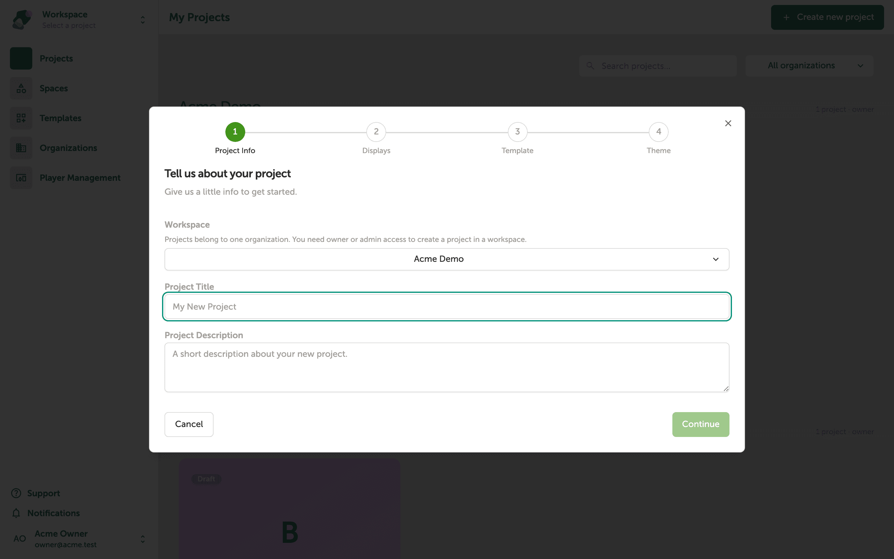 The first step of the Create new project wizard titled Tell us about your project, showing a Workspace dropdown, an empty Project Title field, and an empty Project Description field.