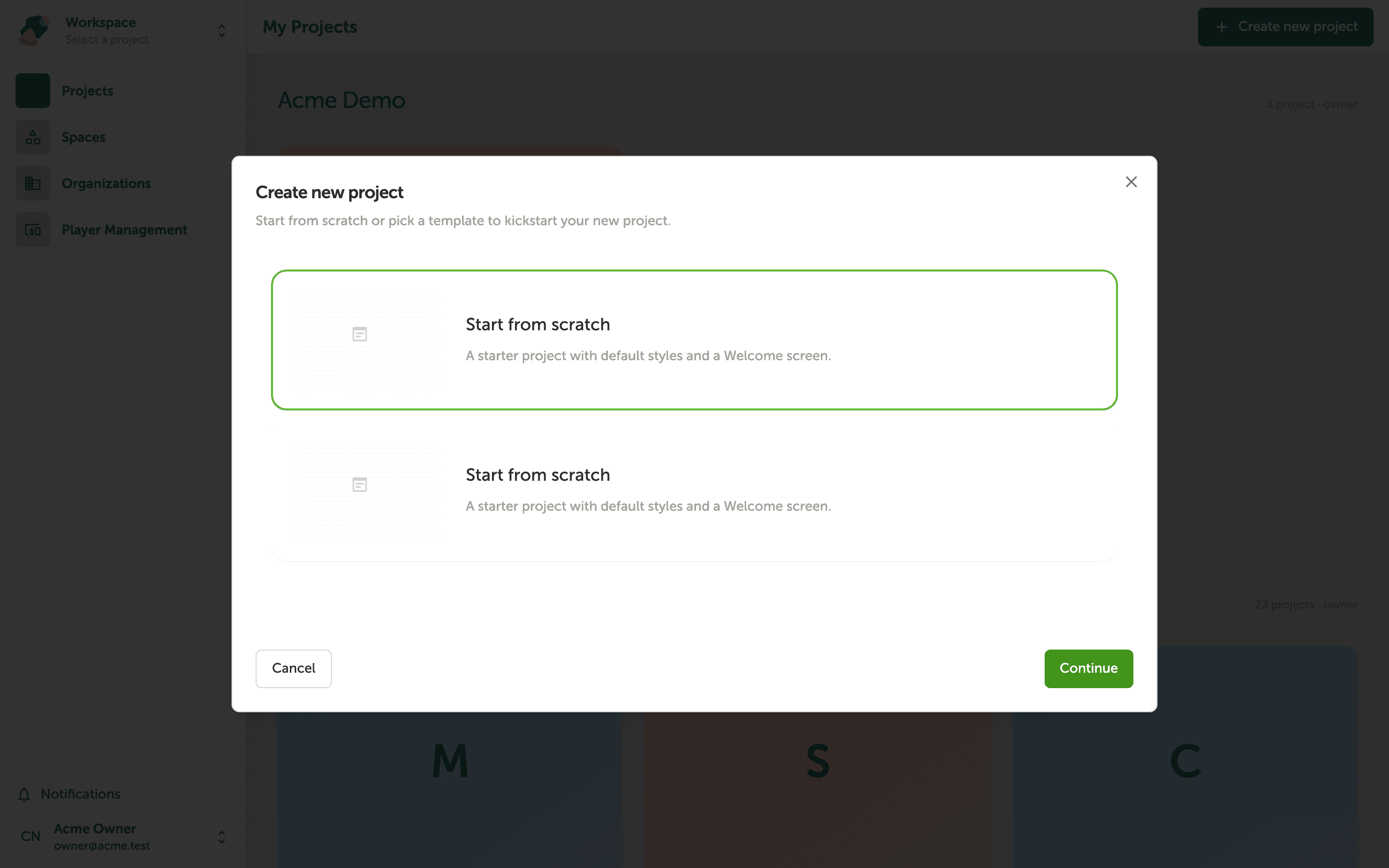 The My Projects page with a 'Create new project' dialog open, showing a 'Start from scratch' option and a Continue button