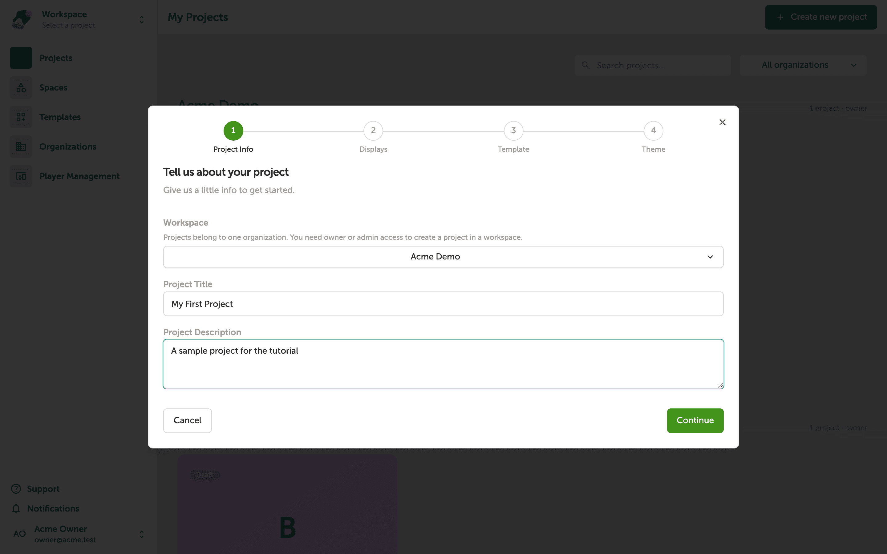 The Tell us about your project step with a project title and description filled in, and the Continue button ready to click.
