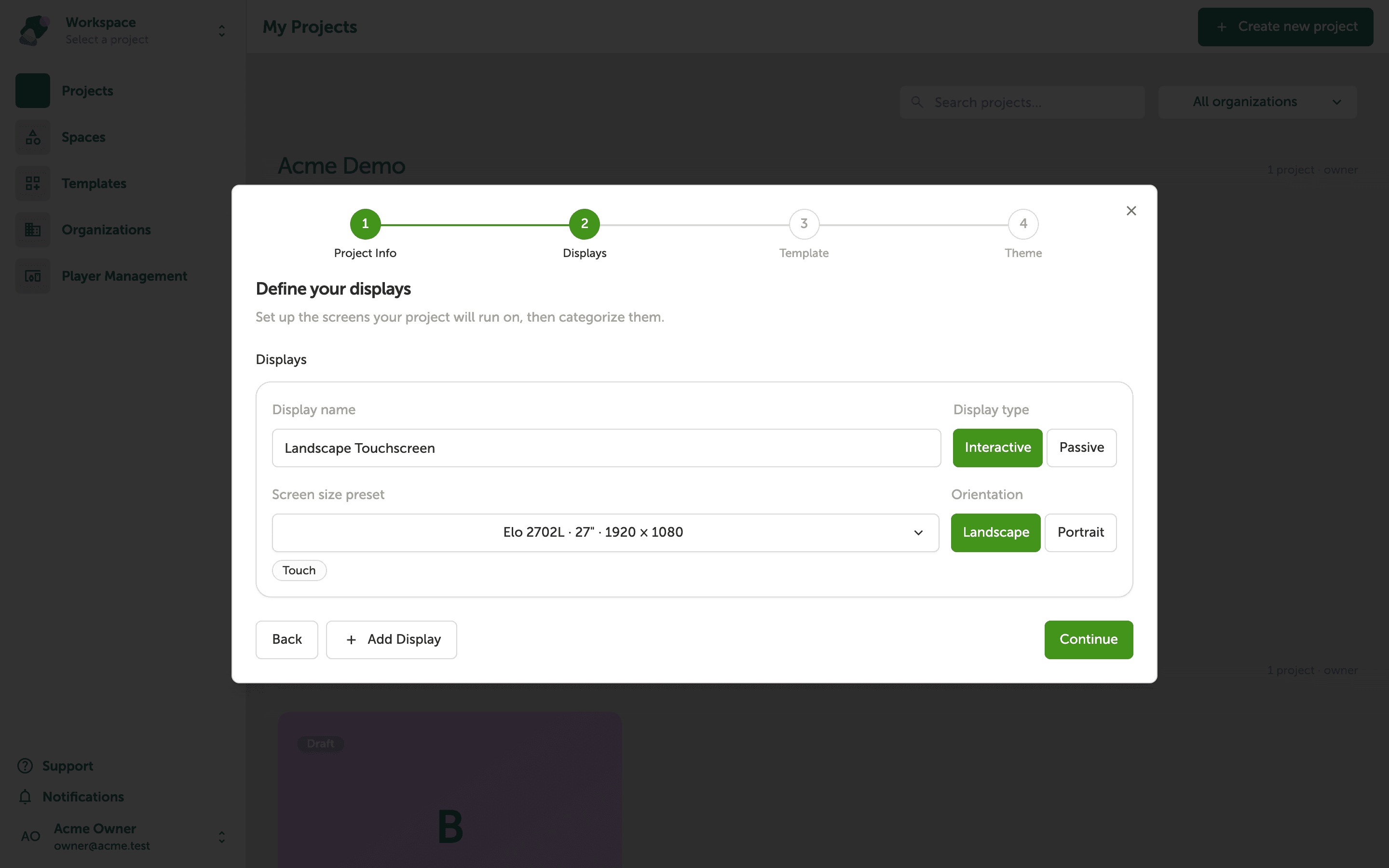 The Define your displays step showing a Screen size preset dropdown, width and height pixel fields, a Swap orientation button, interactivity toggle, and a Display name field.